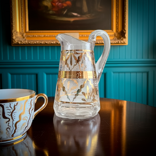Early 20th Century Edwardian English Hand Blown Glass Small Creamer Jug with Gilt Decor Rough Pontil and Optic Base