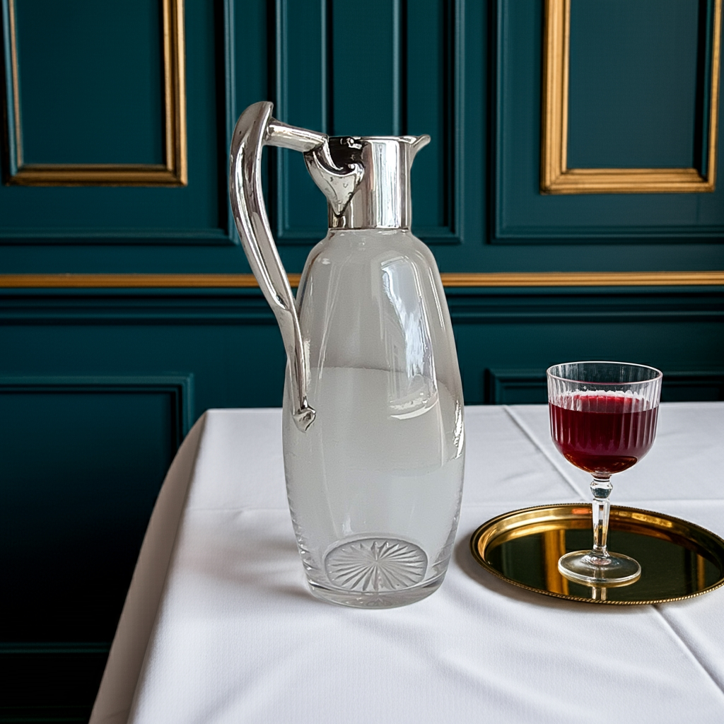 Art Nouveau Claret Jug with Star Cut Crystal Base Silver Whiplash Curve Silver Handle Monogram CW or WC by Mappin and Webb