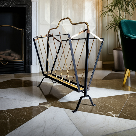 Authentic Vintage 1950s MCM Mid-Century Modern Brass Black Metal Magazine Rack in the style of Mathieu Matégot France or Cesare Lacca Italy