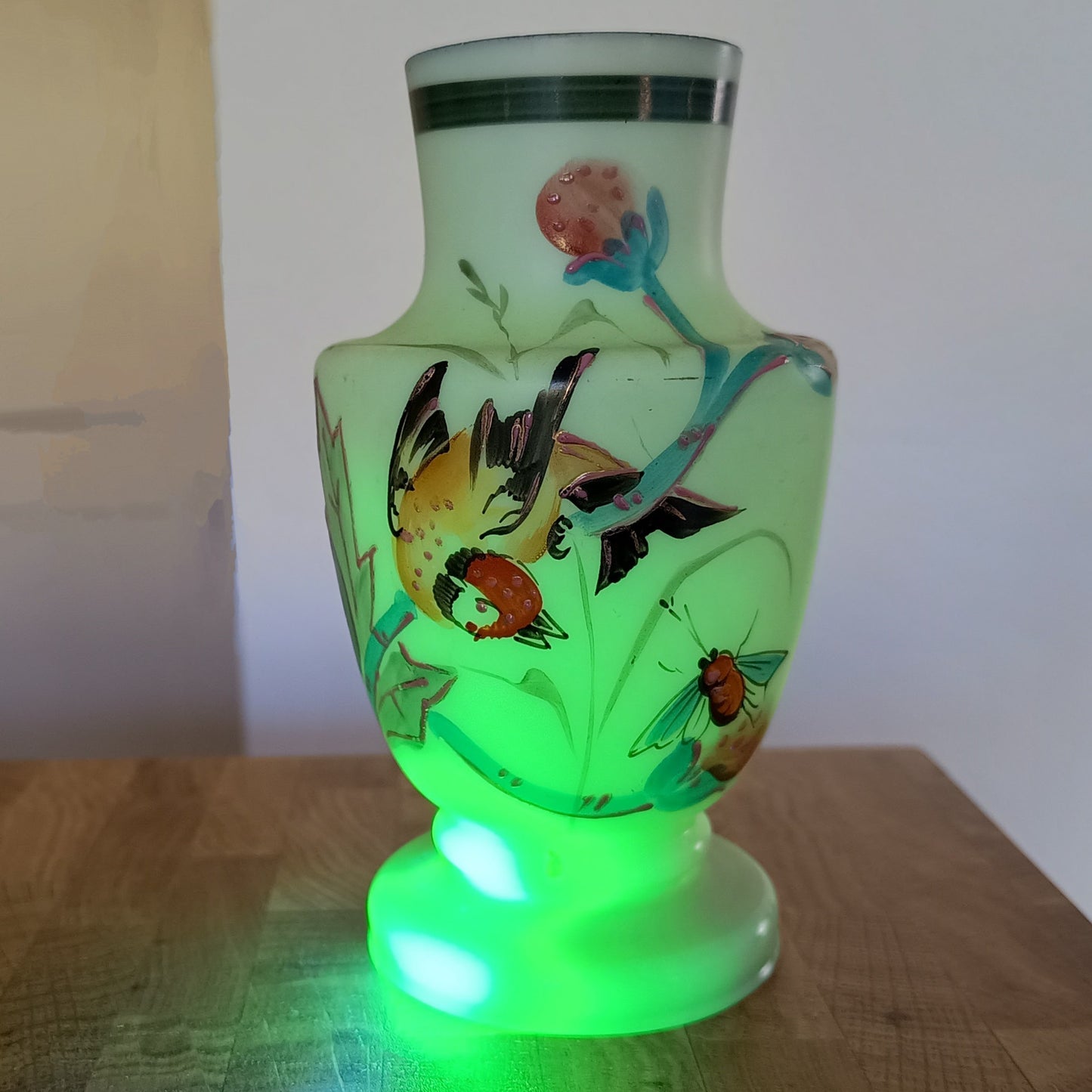 Vintage Uranium Opaline Glass Cabinet Vase: Aesthetic Movement Japonisme Enamel