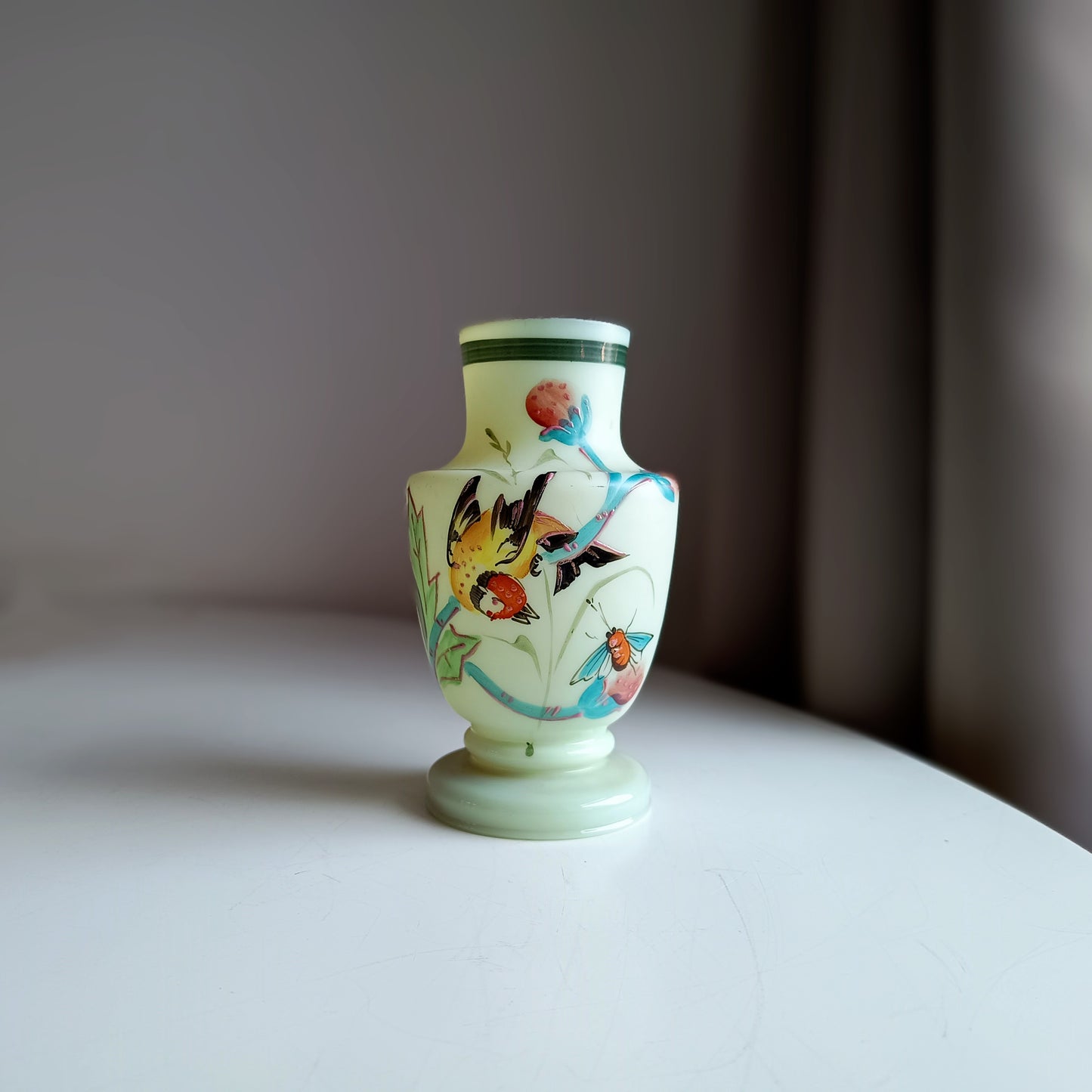 Vintage Uranium Opaline Glass Cabinet Vase: Aesthetic Movement Japonisme Enamel