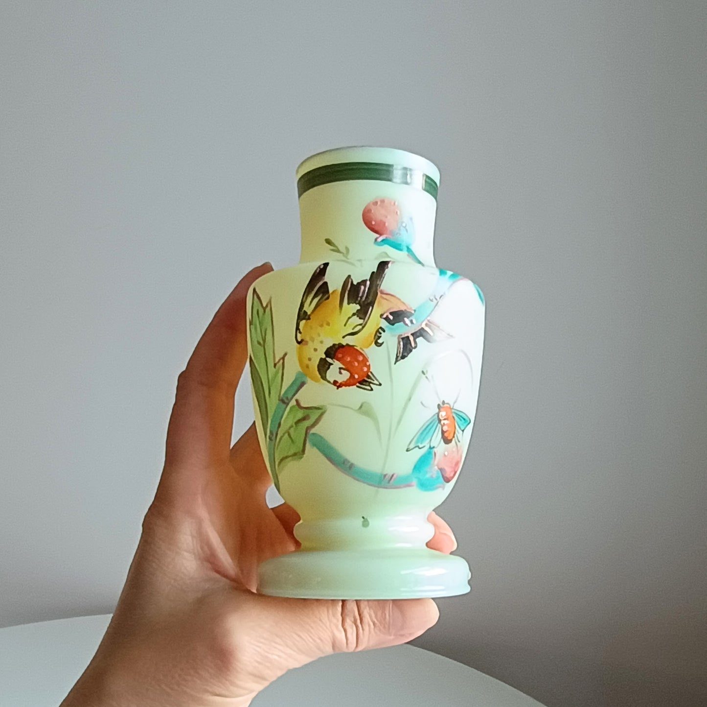 Vintage Uranium Opaline Glass Cabinet Vase: Aesthetic Movement Japonisme Enamel