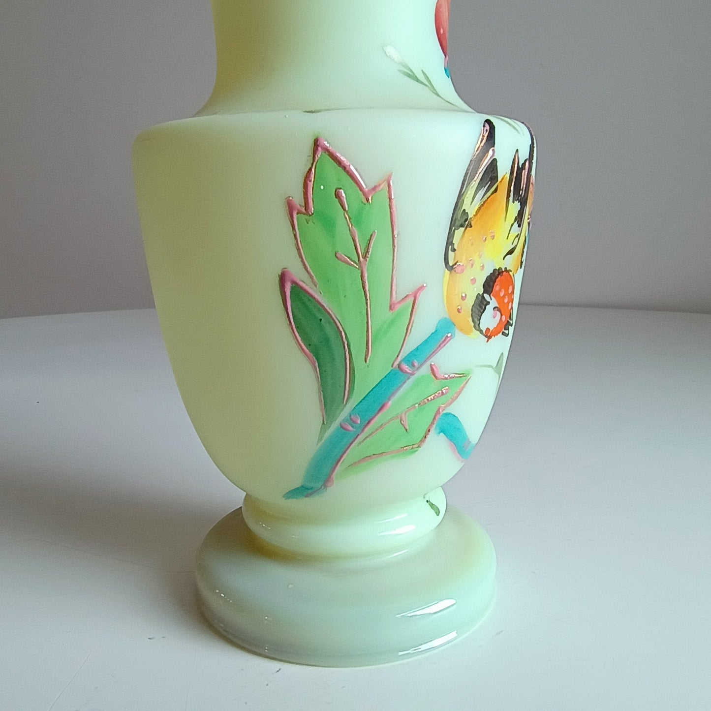 Vintage Uranium Opaline Glass Cabinet Vase: Aesthetic Movement Japonisme Enamel
