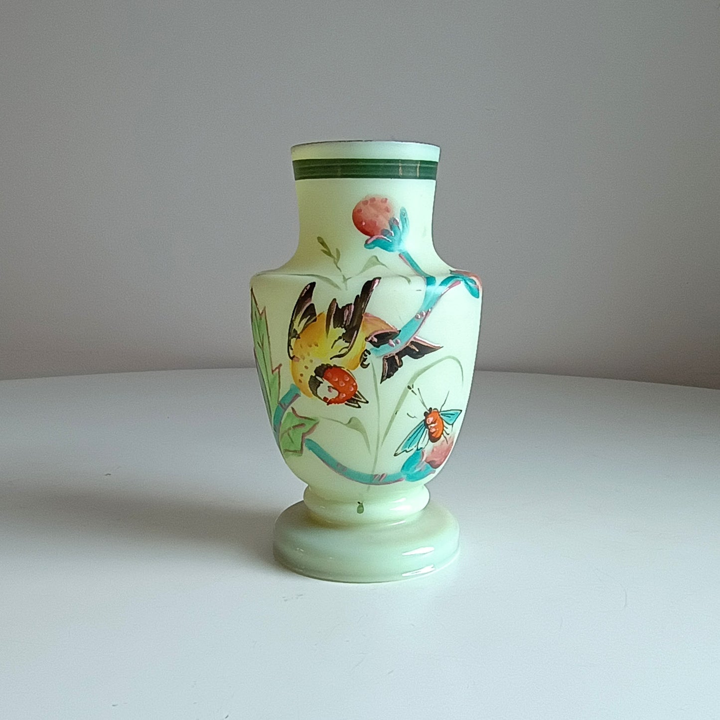 Vintage Uranium Opaline Glass Cabinet Vase: Aesthetic Movement Japonisme Enamel