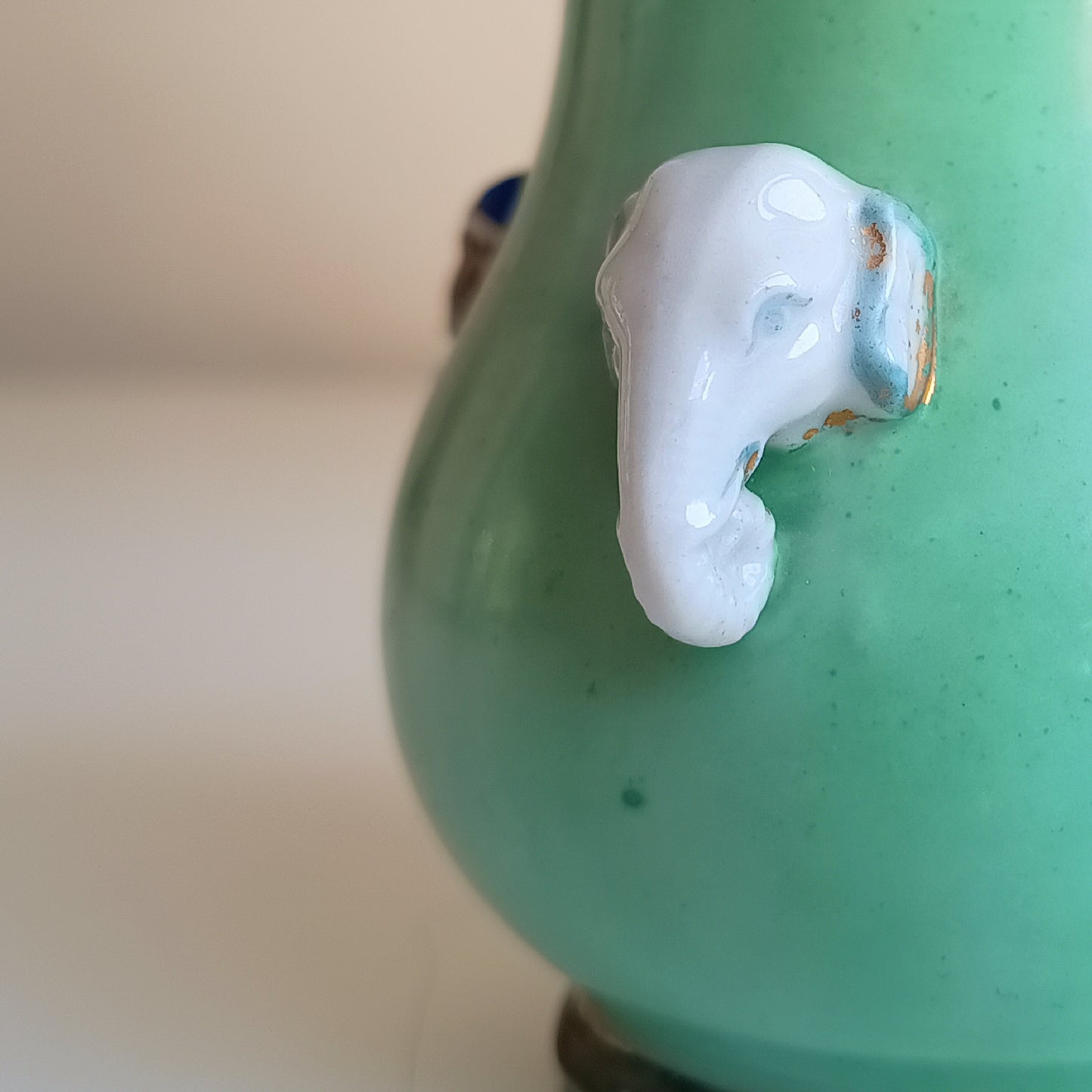 Vintage Novelty Pharaoh Applique Elephant Handles Match Holder Hu Vase Celadon Glaze European 1890-1920 in the style of George Jones Pottery