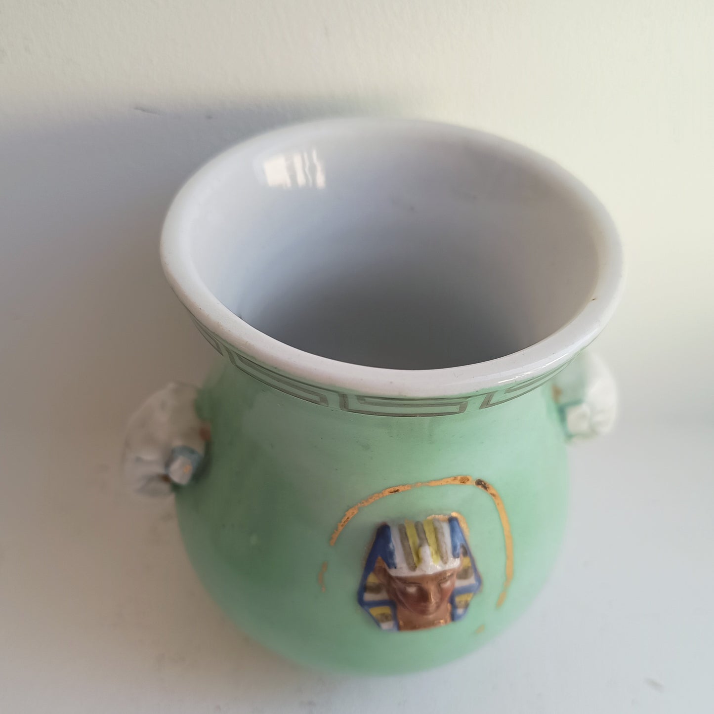 Vintage Novelty Pharaoh Applique Elephant Handles Match Holder Hu Vase Celadon Glaze European 1890-1920 in the style of George Jones Pottery