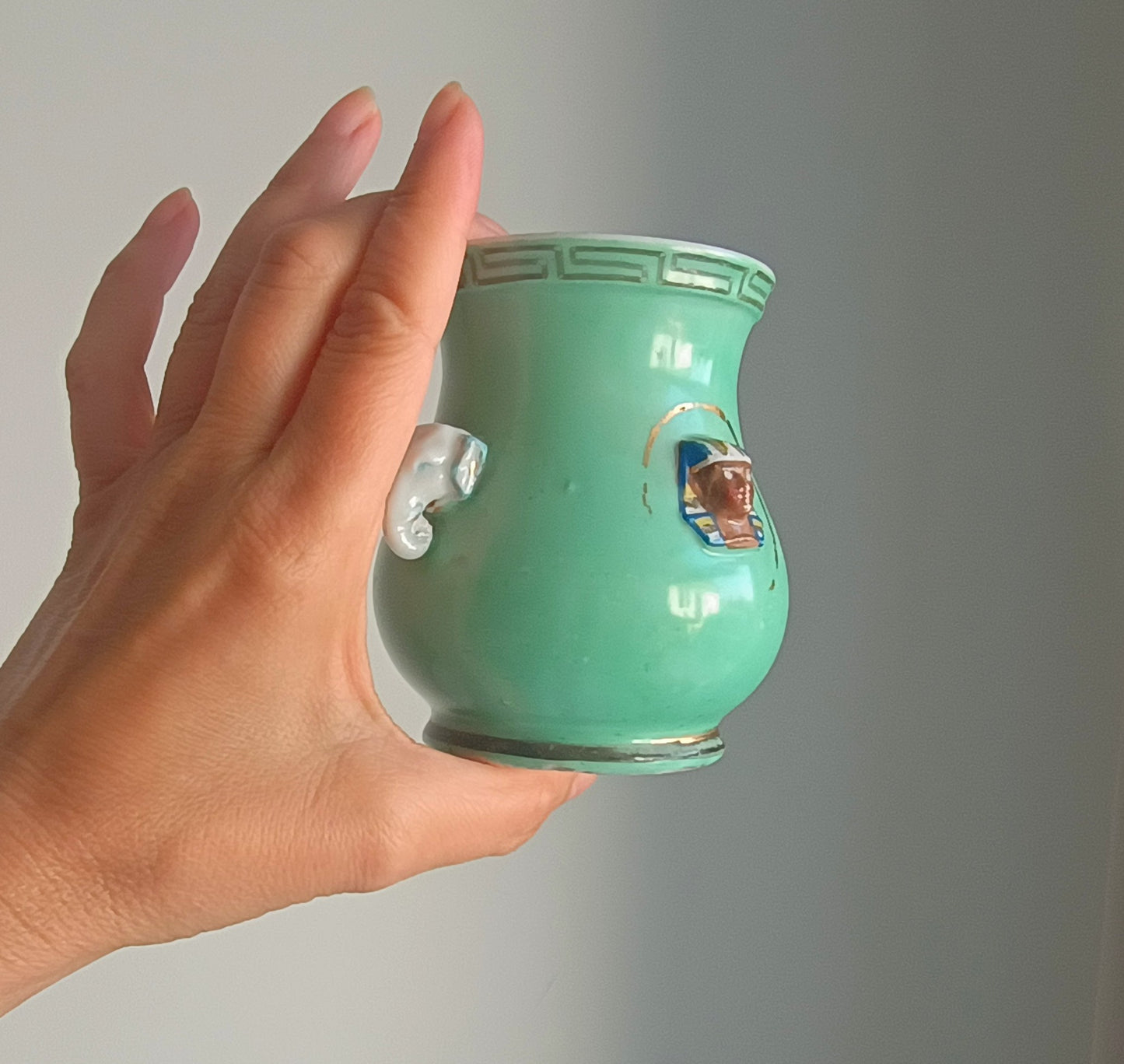 Vintage Novelty Pharaoh Applique Elephant Handles Match Holder Hu Vase Celadon Glaze European 1890-1920 in the style of George Jones Pottery