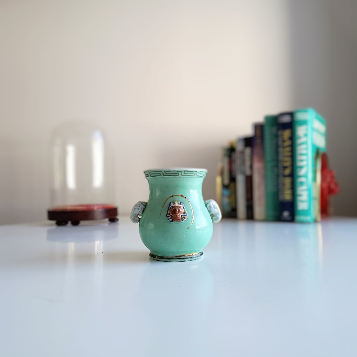 Vintage Novelty Pharaoh Applique Elephant Handles Match Holder Hu Vase Celadon Glaze European 1890-1920 in the style of George Jones Pottery