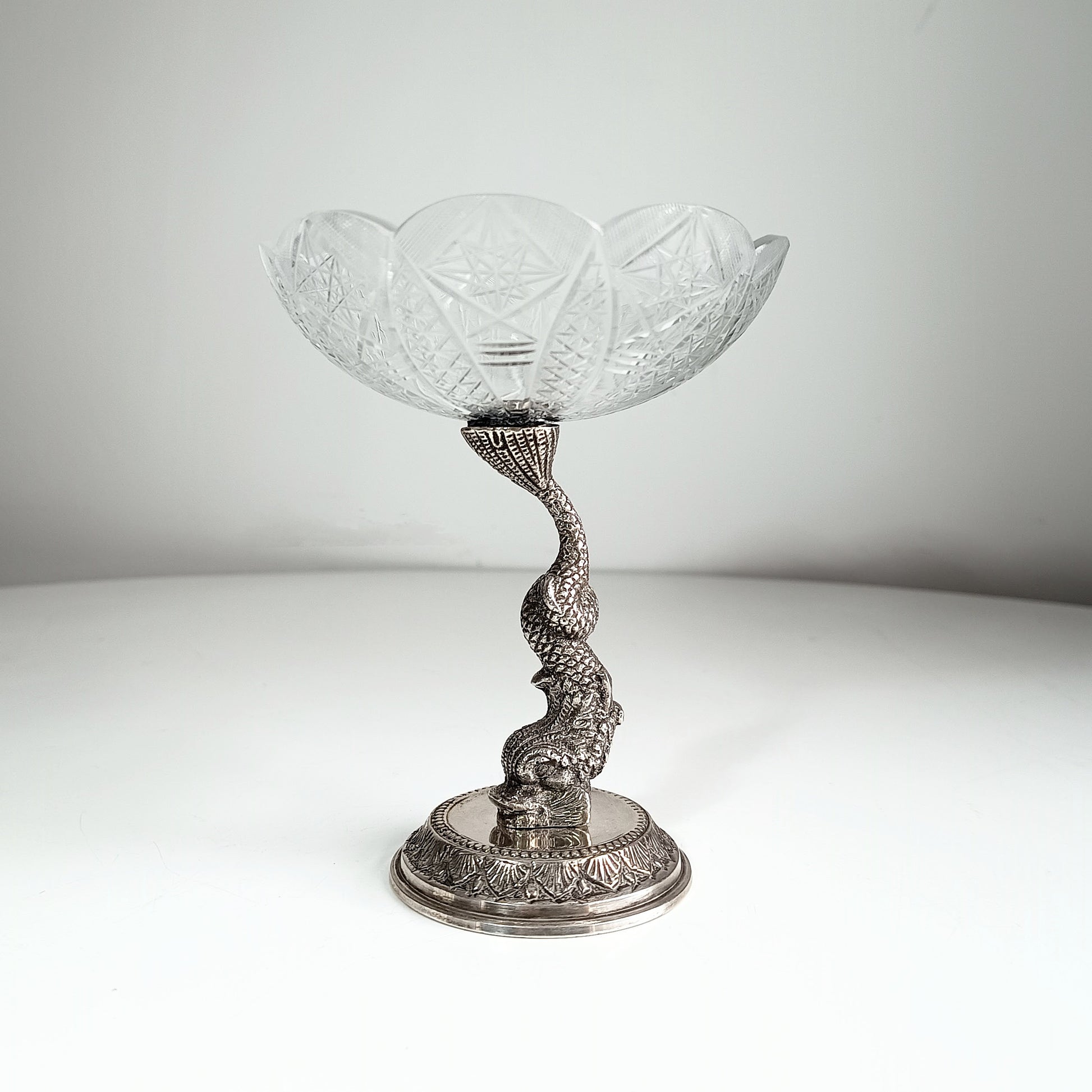 French Dolphin Pedestal Cut Glass Bowl Dish
