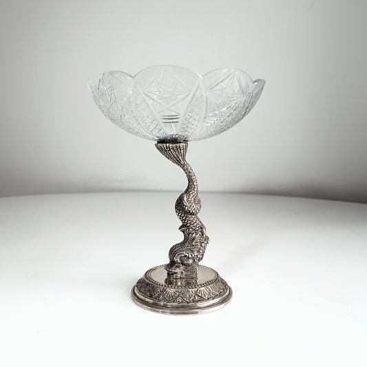 French Dolphin Pedestal Cut Glass Bowl Dish