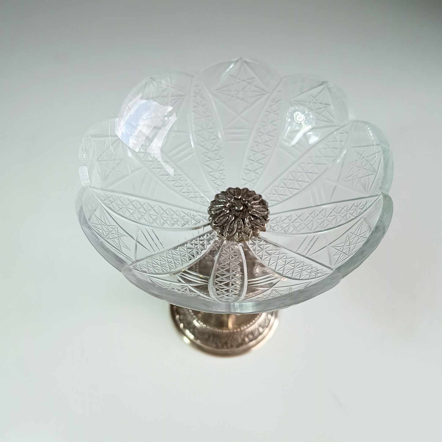 Antique French Biscuit Bowl with Cast Figural Dolphin Stand – Silver Plate & Cut Glass, 10.25" Tall