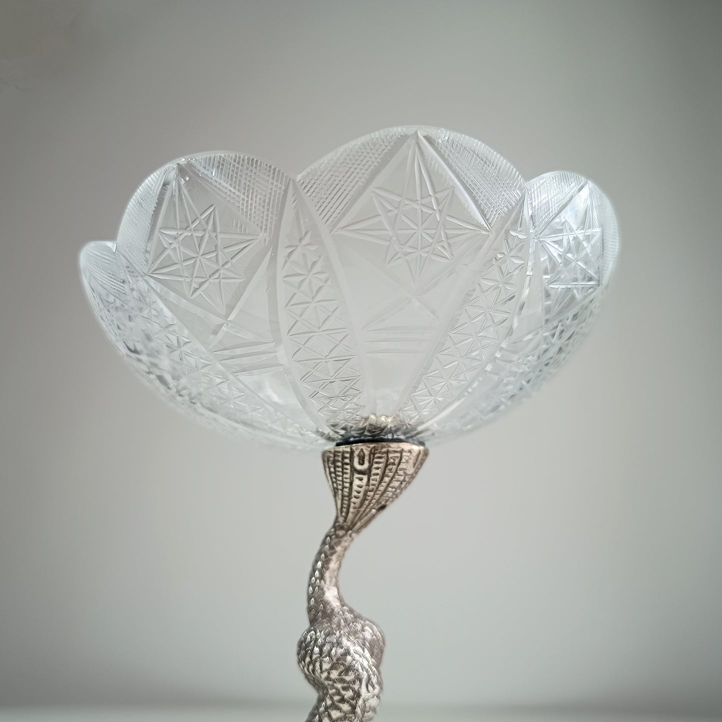 Antique French Biscuit Bowl with Cast Figural Dolphin Stand – Silver Plate & Cut Glass, 10.25" Tall