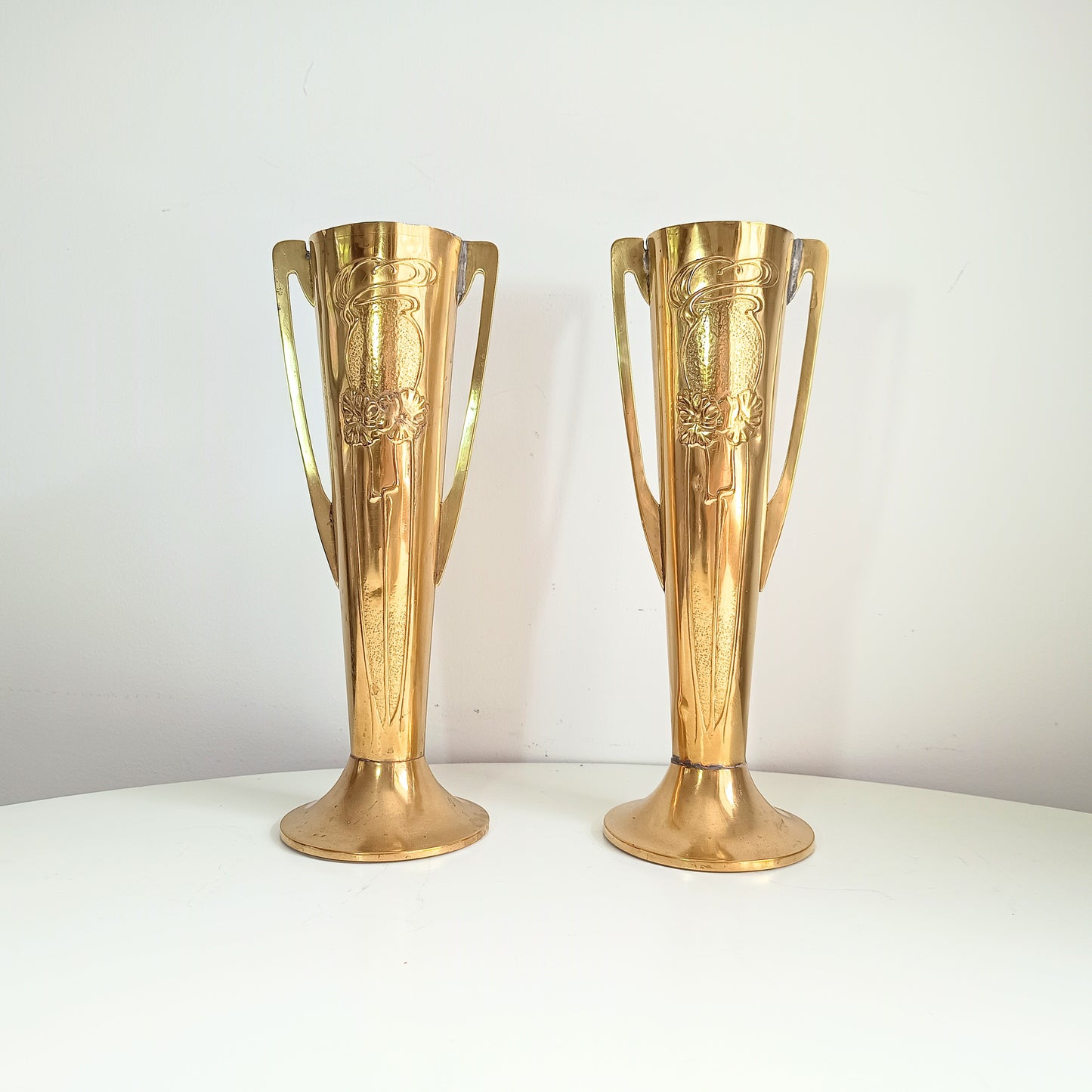 Pair of Antique English Jugendstil Brass Vases – Beldray Design c.1906