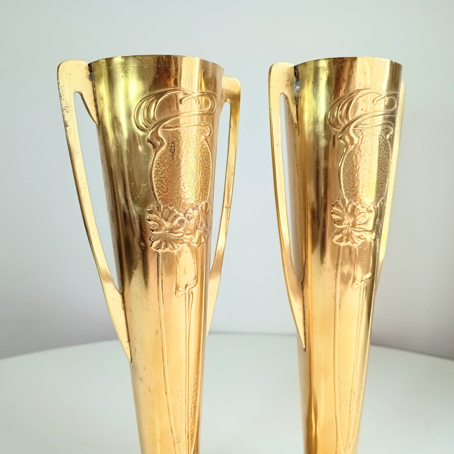 Pair of Antique English Jugendstil Brass Vases – Beldray Design c.1906