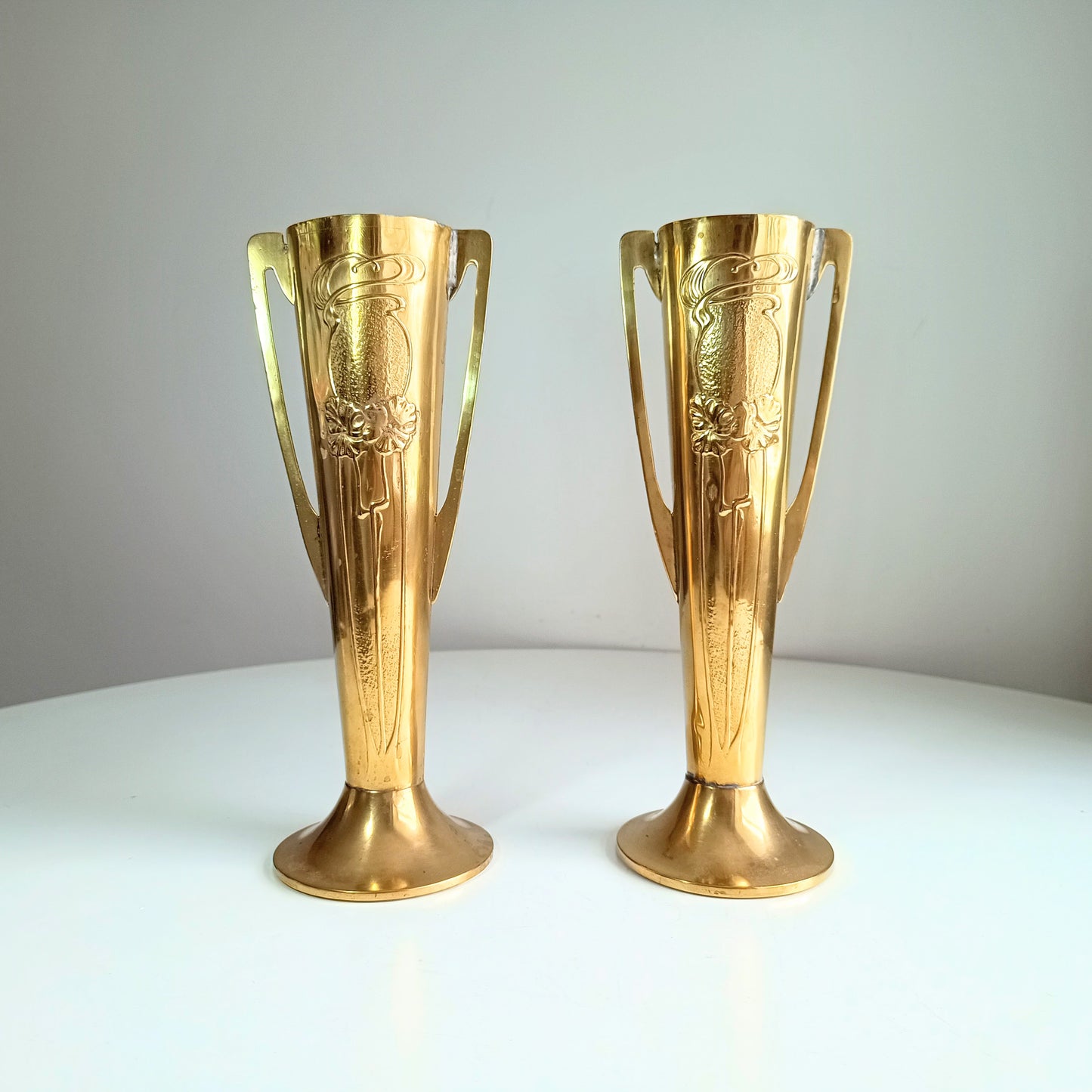 Pair of Antique English Jugendstil Brass Vases – Beldray Design c.1906