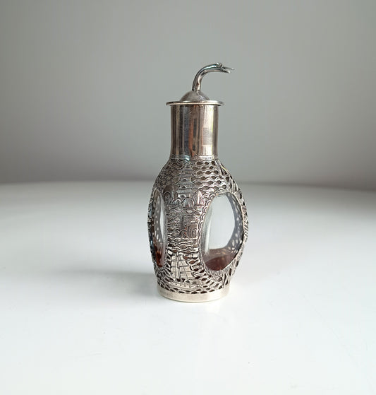 Authentic Antique Chinese Export Hallmarked Sterling Silver Bamboo Dragon Pagoda Overlayed Triangular Handmade Glass Sprinkler Pourer Bottle