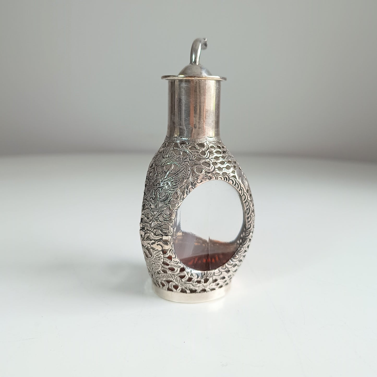 Authentic Antique Chinese Export Hallmarked Sterling Silver Bamboo Dragon Pagoda Overlayed Triangular Handmade Glass Sprinkler Pourer Bottle
