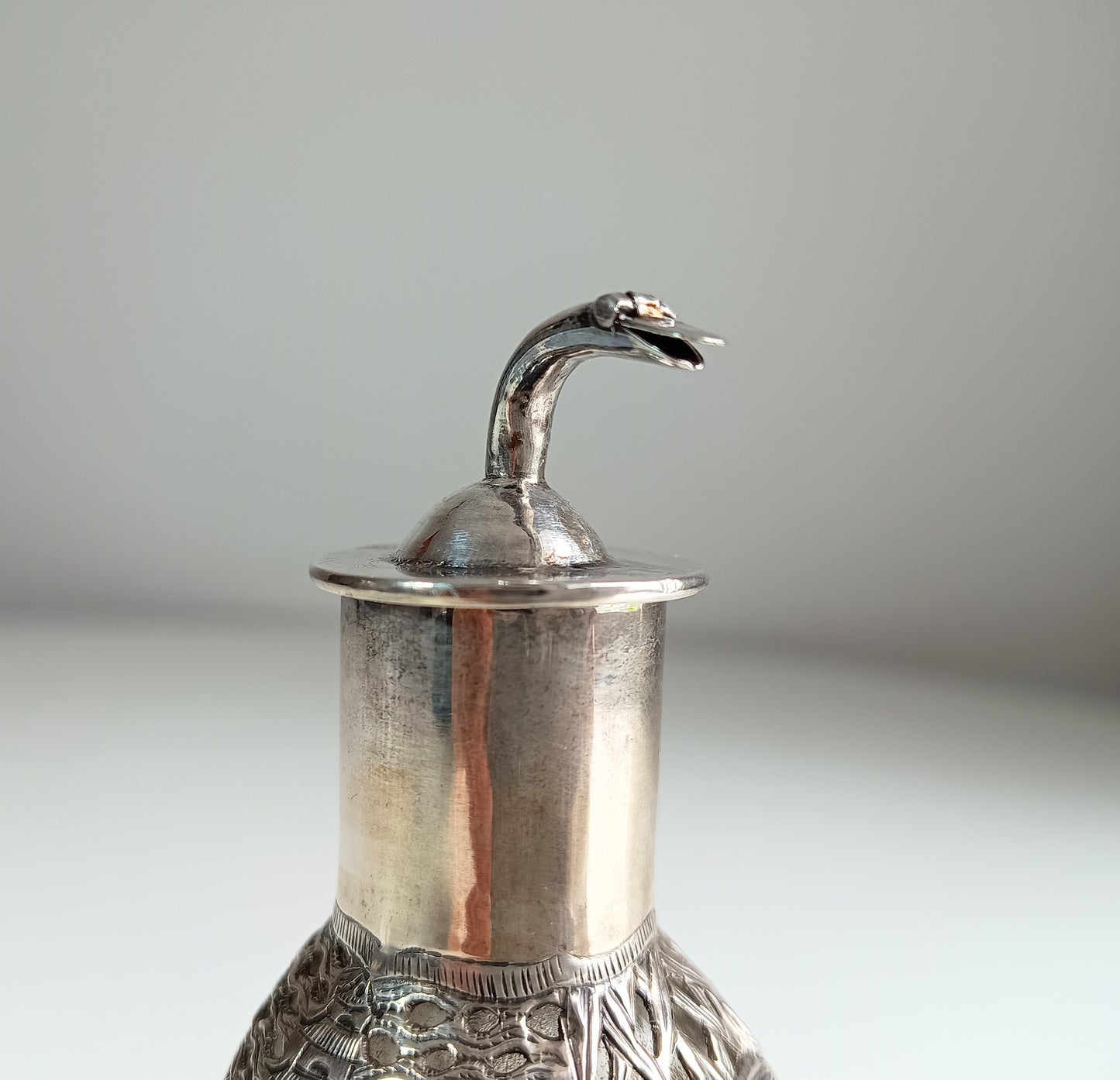 Authentic Antique Chinese Export Hallmarked Sterling Silver Bamboo Dragon Pagoda Overlayed Triangular Handmade Glass Sprinkler Pourer Bottle
