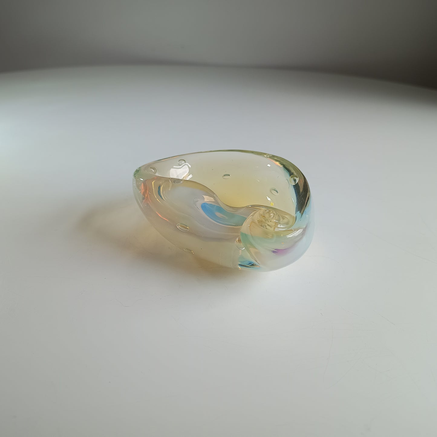 Authentic Vintage Midcentury Murano Opalescent Art Glass Bowl with Controlled Bubbles in Off White with Rainbow Pink and Yellow Flare
