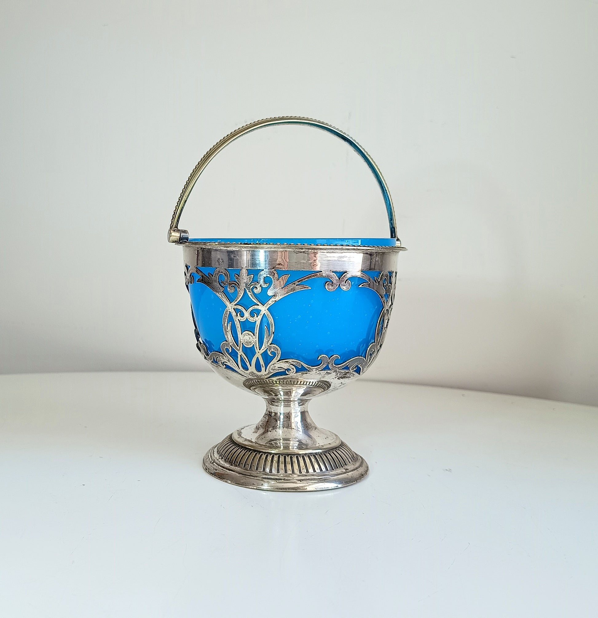 Vintage English Silver Biscuits Basket with Blue Opaline Glass Bowl