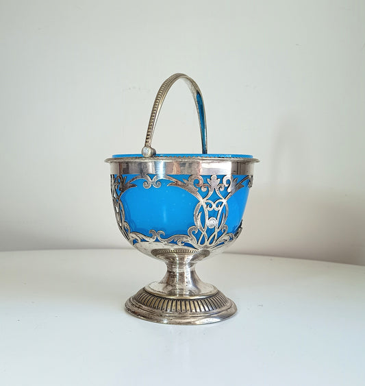 Vintage English Silver Biscuits Basket with Blue Opaline Glass Bowl