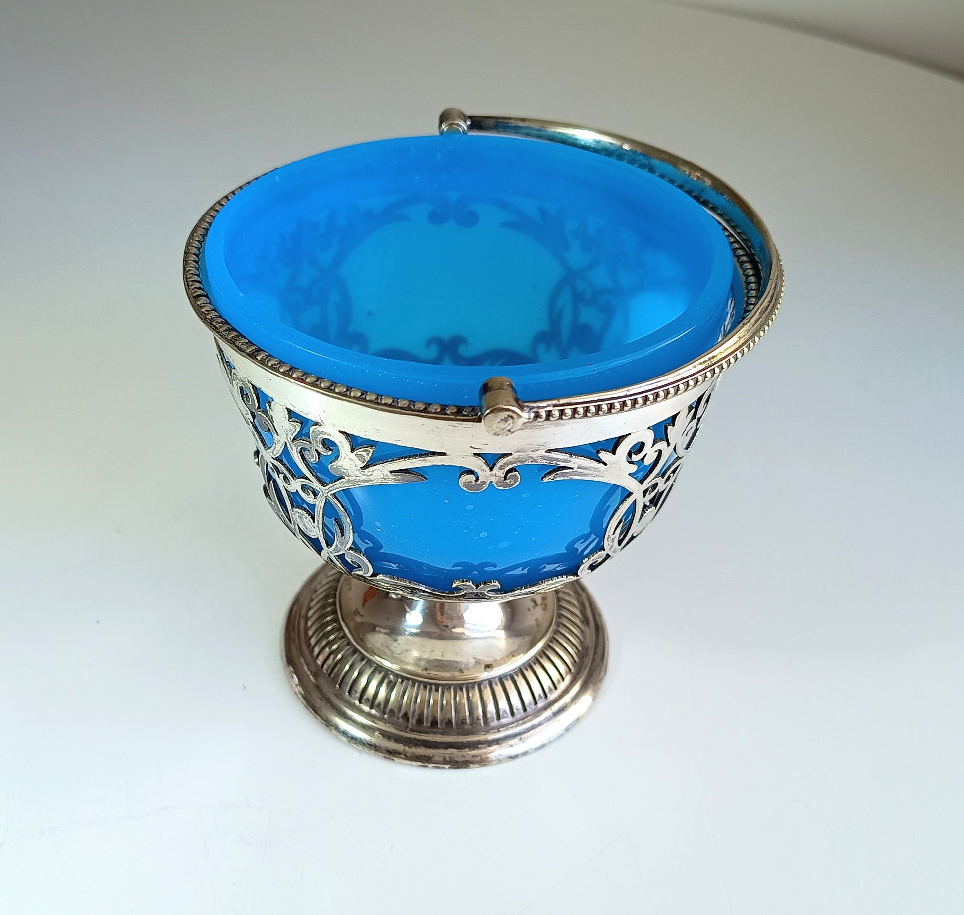 Vintage English Silver Biscuits Basket with Blue Opaline Glass Bowl