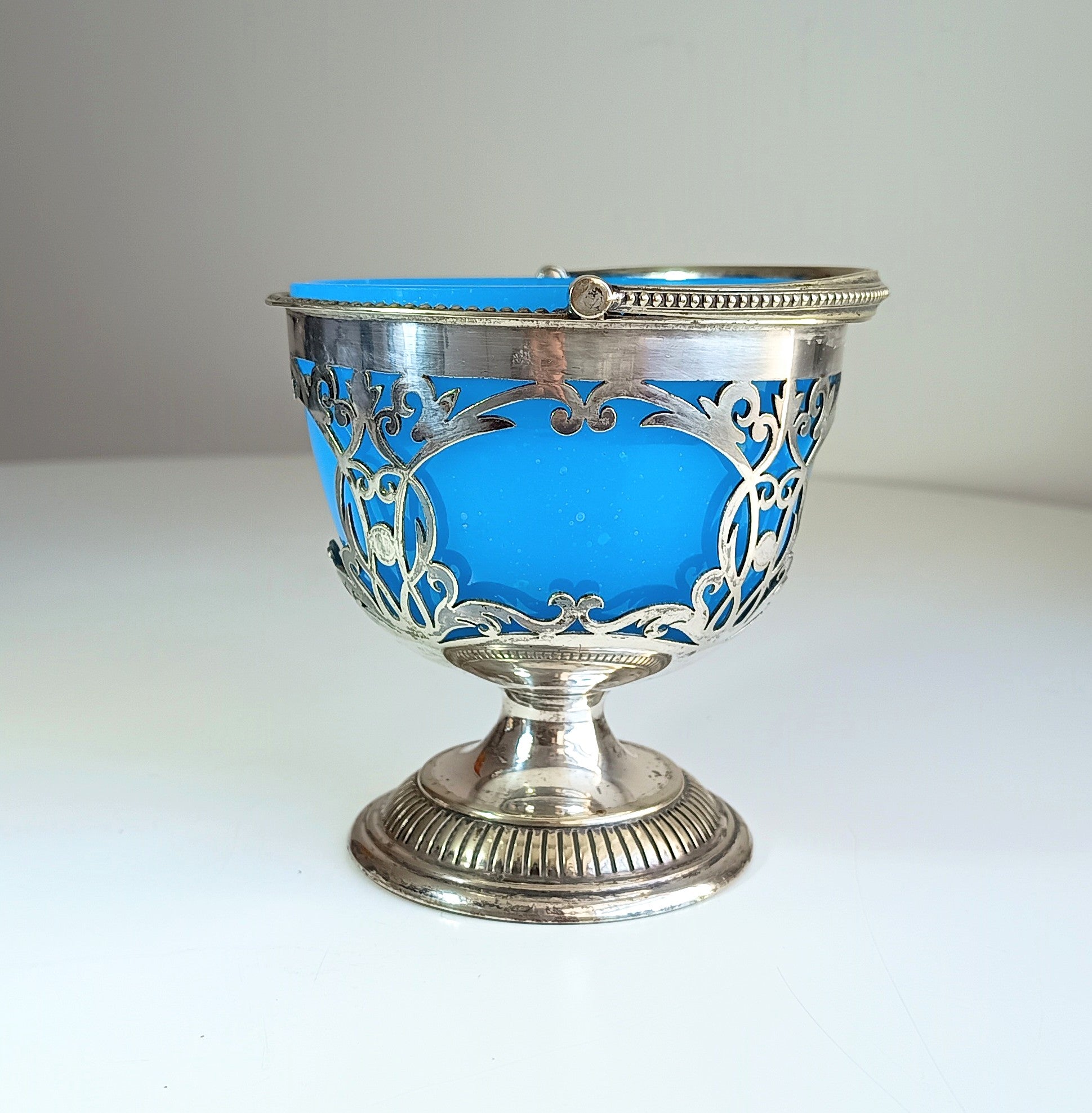 Vintage English Silver Biscuits Basket with Blue Opaline Glass Bowl