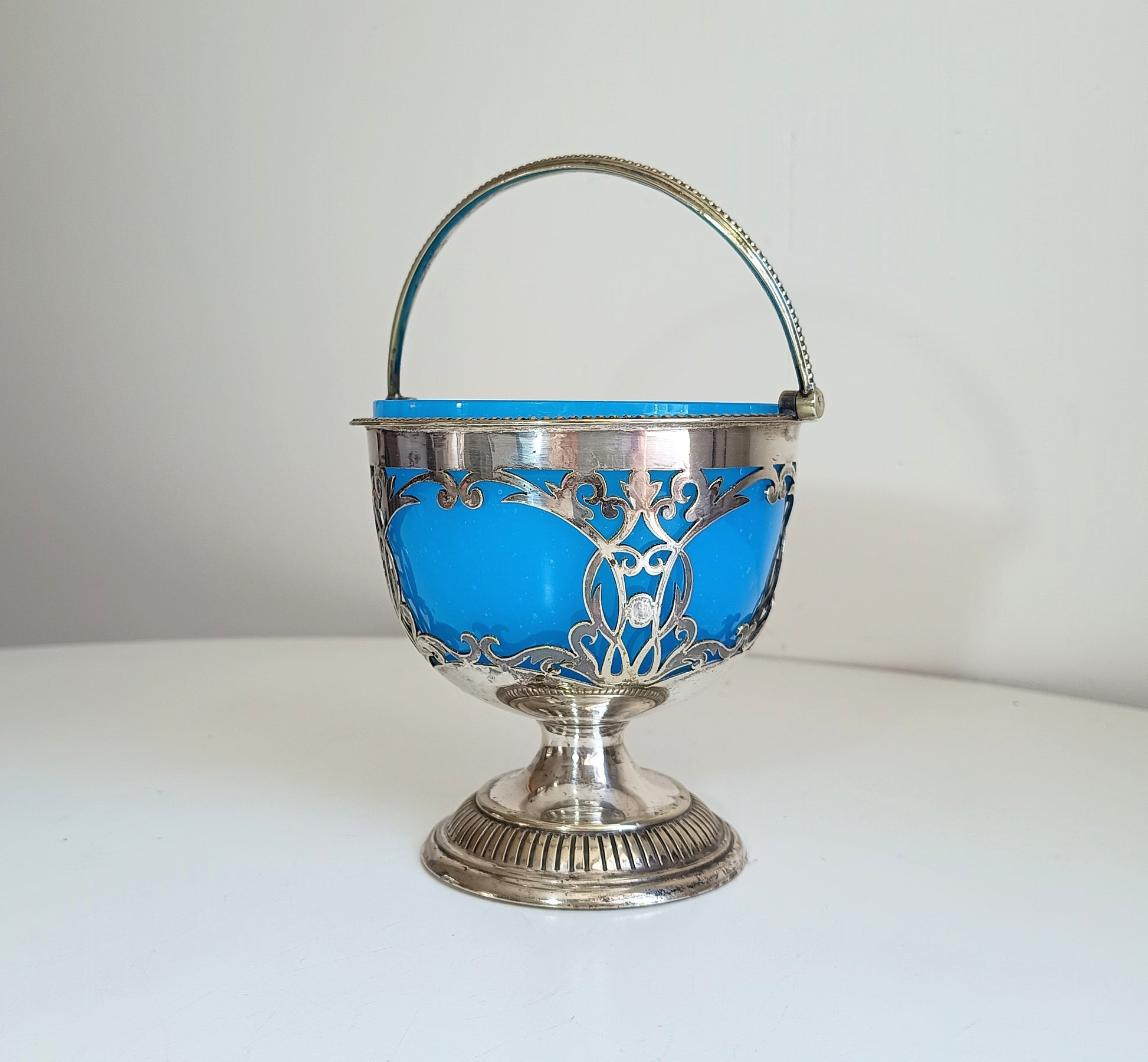 Vintage English Silver Biscuits Basket with Blue Opaline Glass Bowl