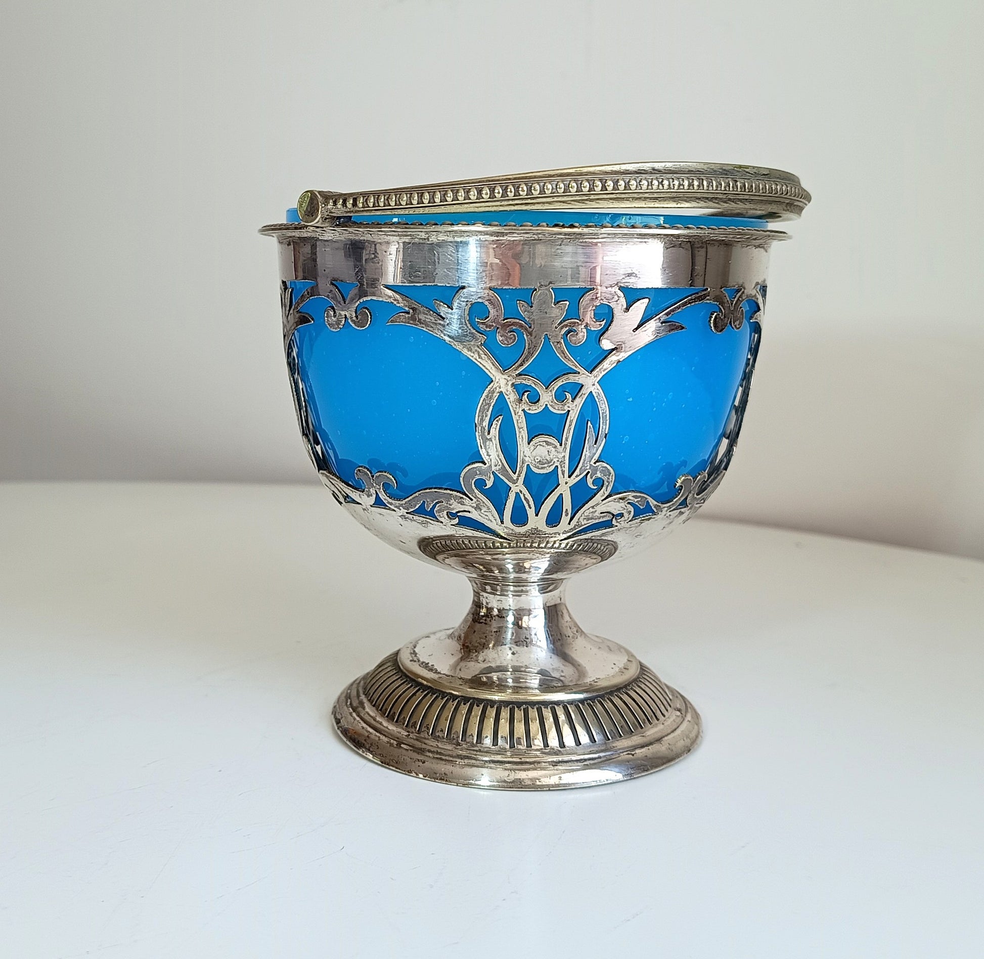 Vintage English Silver Biscuits Basket with Blue Opaline Glass Bowl