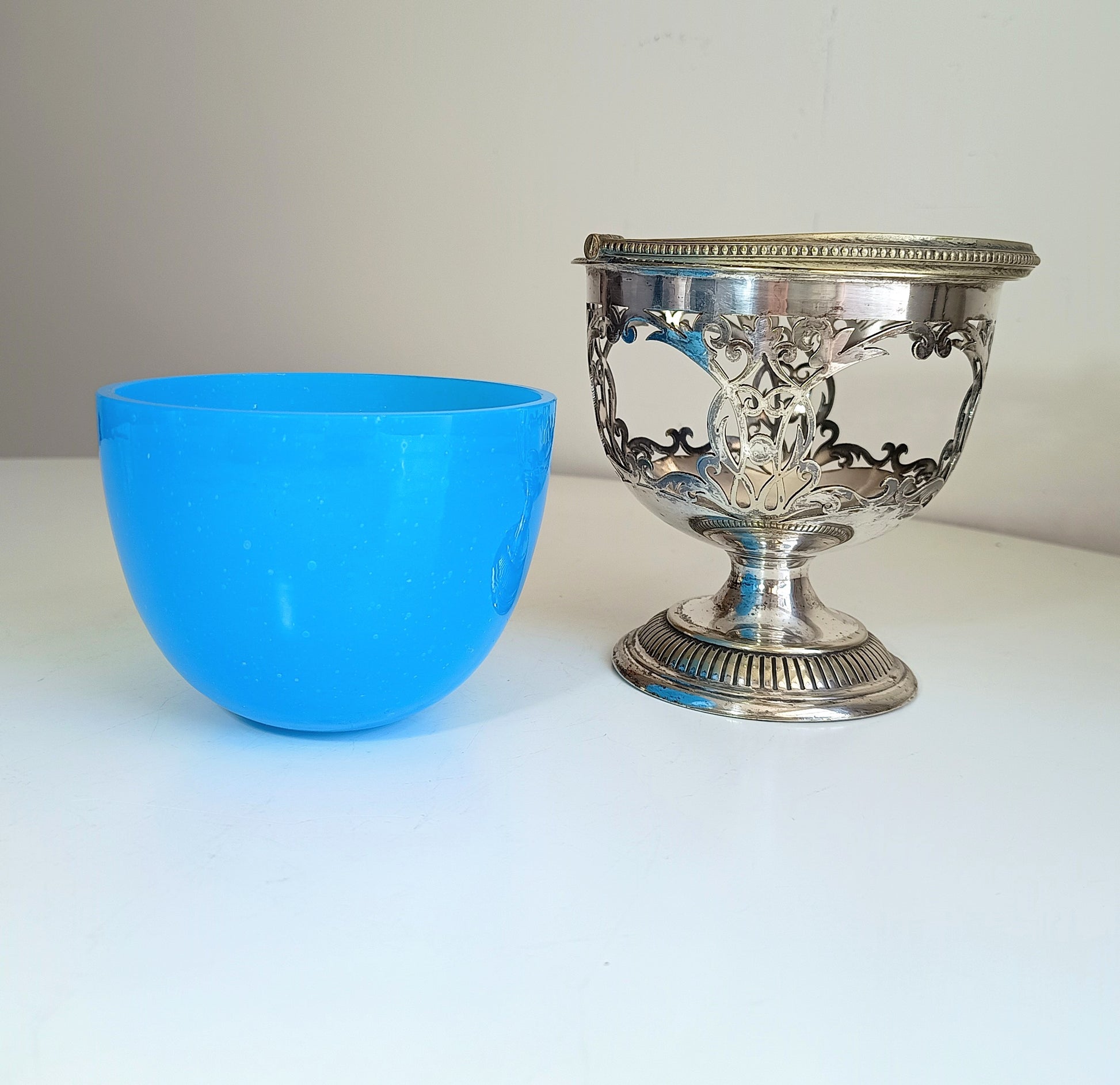 Vintage English Silver Biscuits Basket with Blue Opaline Glass Bowl