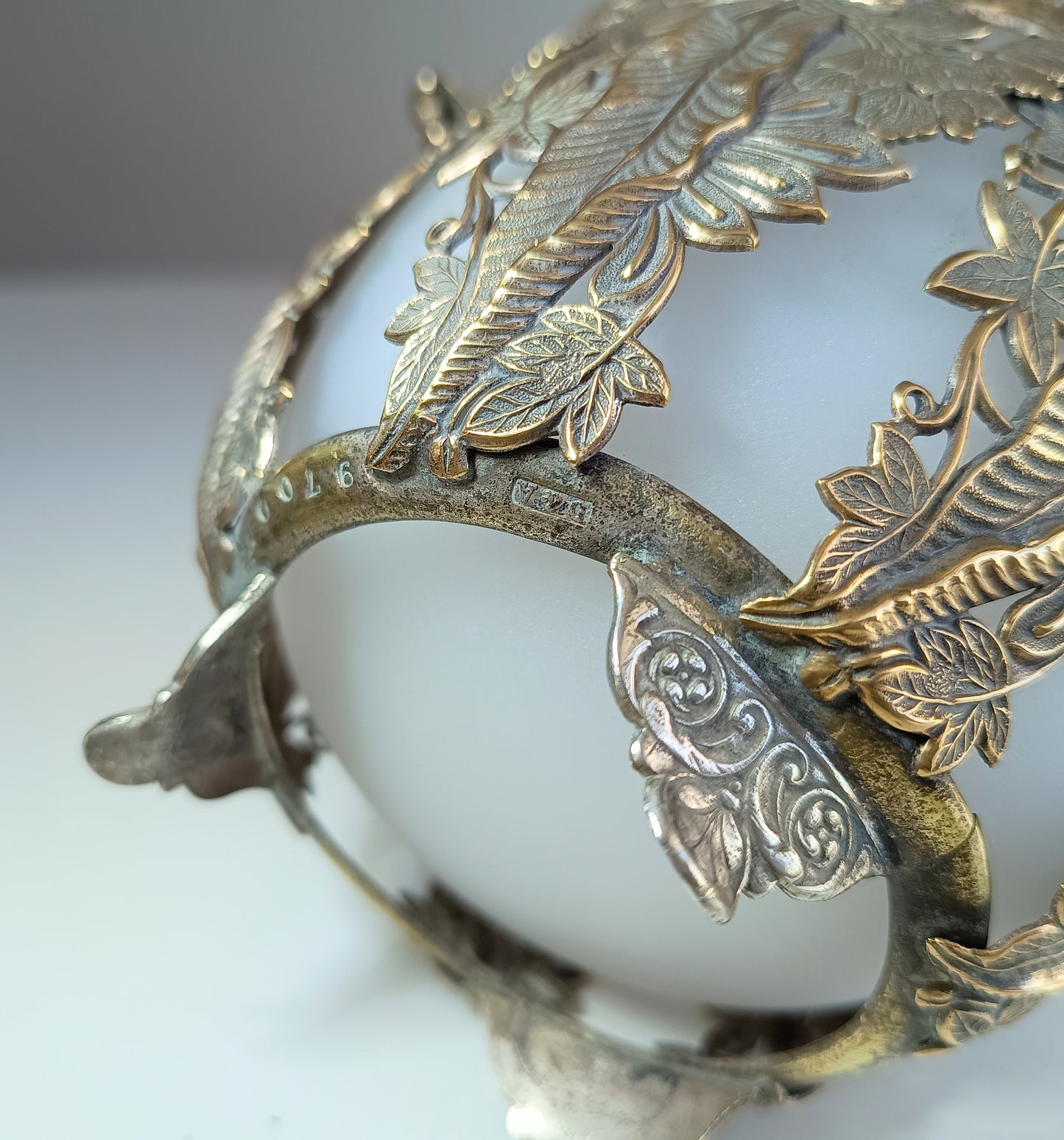 Vintage Aesthetic French or English Repousse Metal Biscuits Basket with Frosted White Opaline Glass Bowl