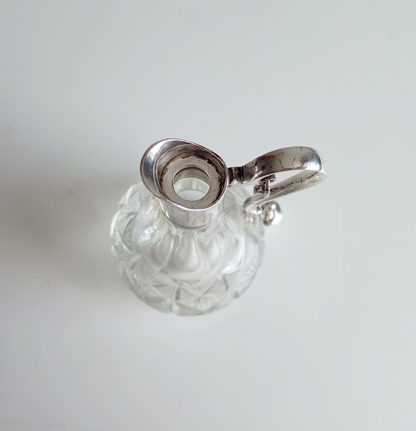 Vintage Fine Dining Cut Glass Bottle White Metal Neck, Handle Chained Stopper, Georgian Style