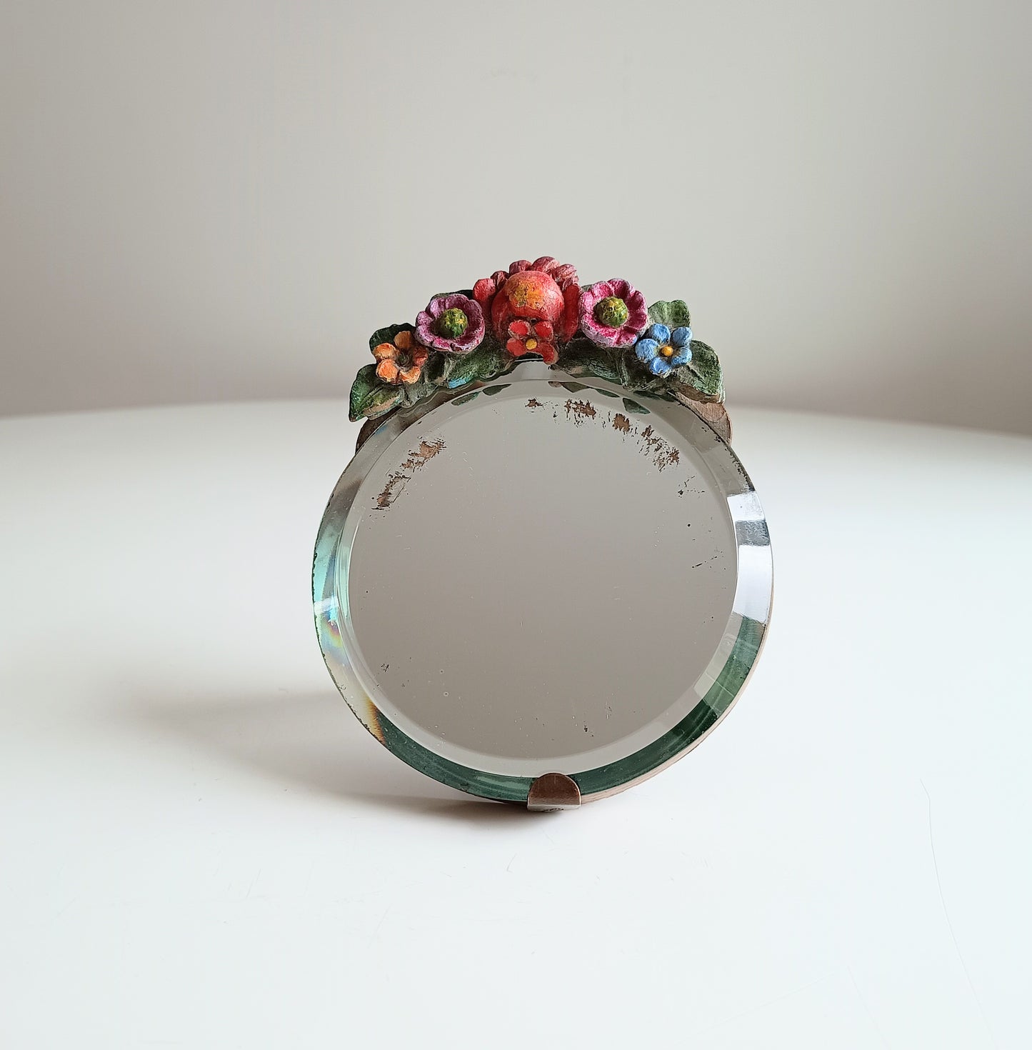 Authentic Vintage 1920-1930s Very Small Barbola Tabletop Bevelled Mirror with Pink Flowers