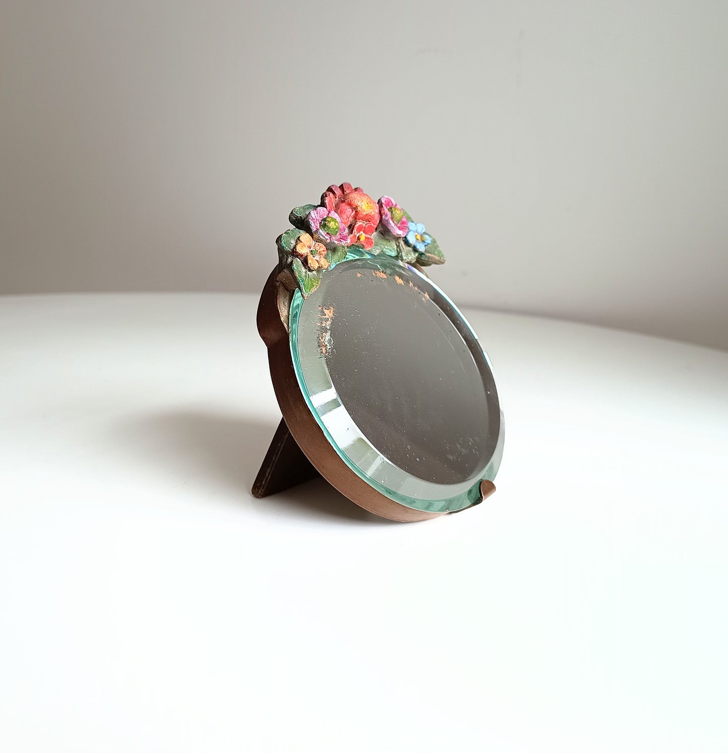 Authentic Vintage 1920-1930s Very Small Barbola Tabletop Bevelled Mirror with Pink Flowers