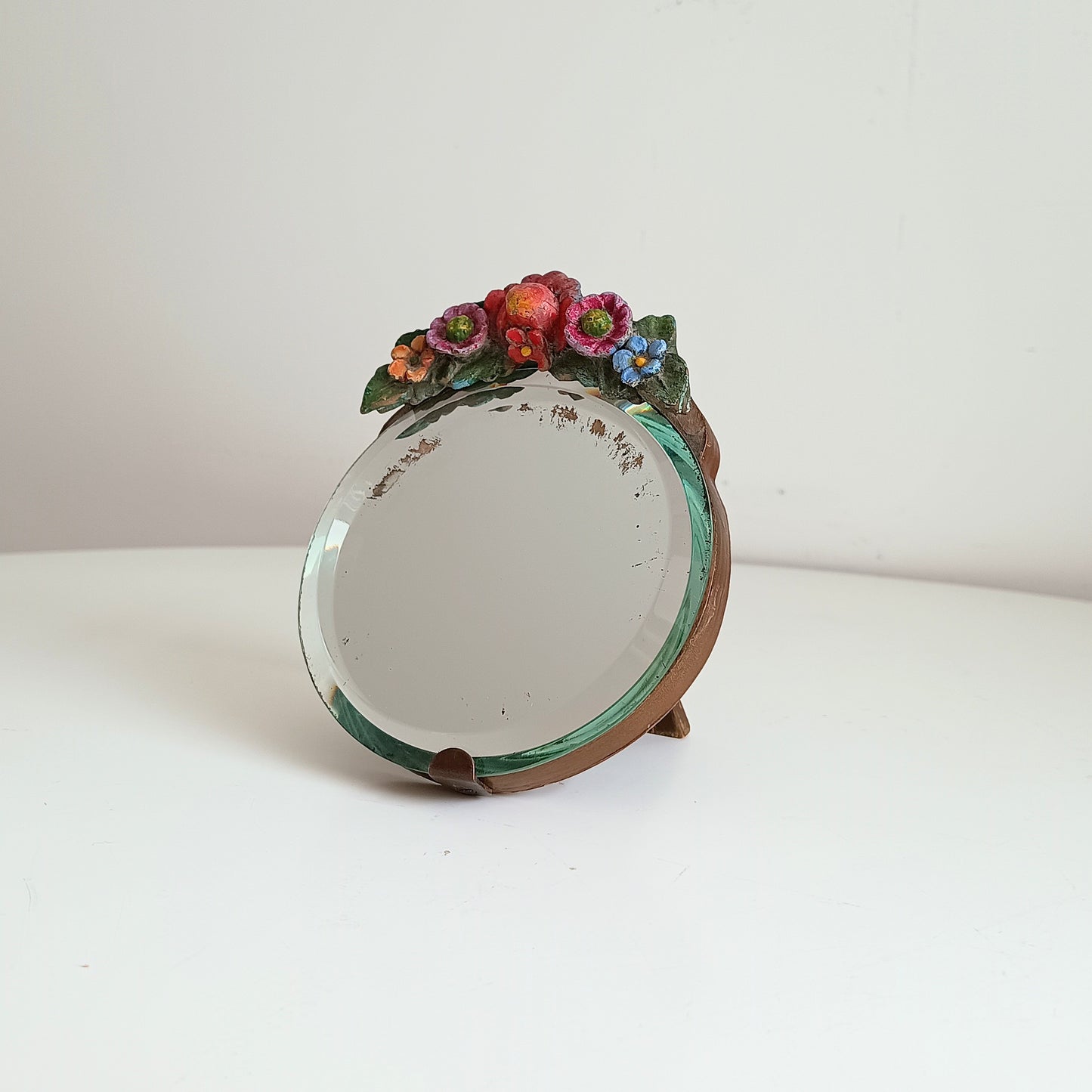 Authentic Vintage 1920-1930s Very Small Barbola Tabletop Bevelled Mirror with Pink Flowers