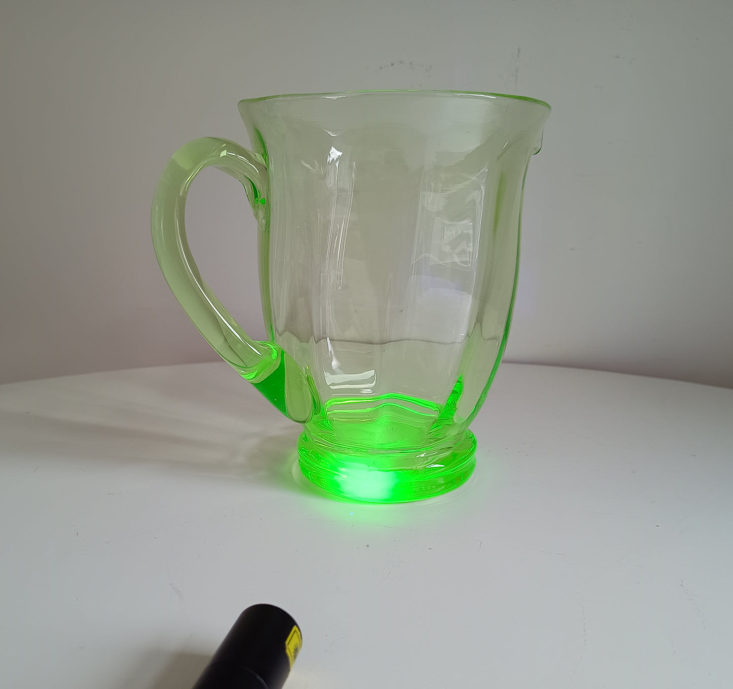 Genuine Vintage English Art Deco Blown Uranium Optic Glass Lemonade / Juice Jug / Pitcher With Handle, 1930s