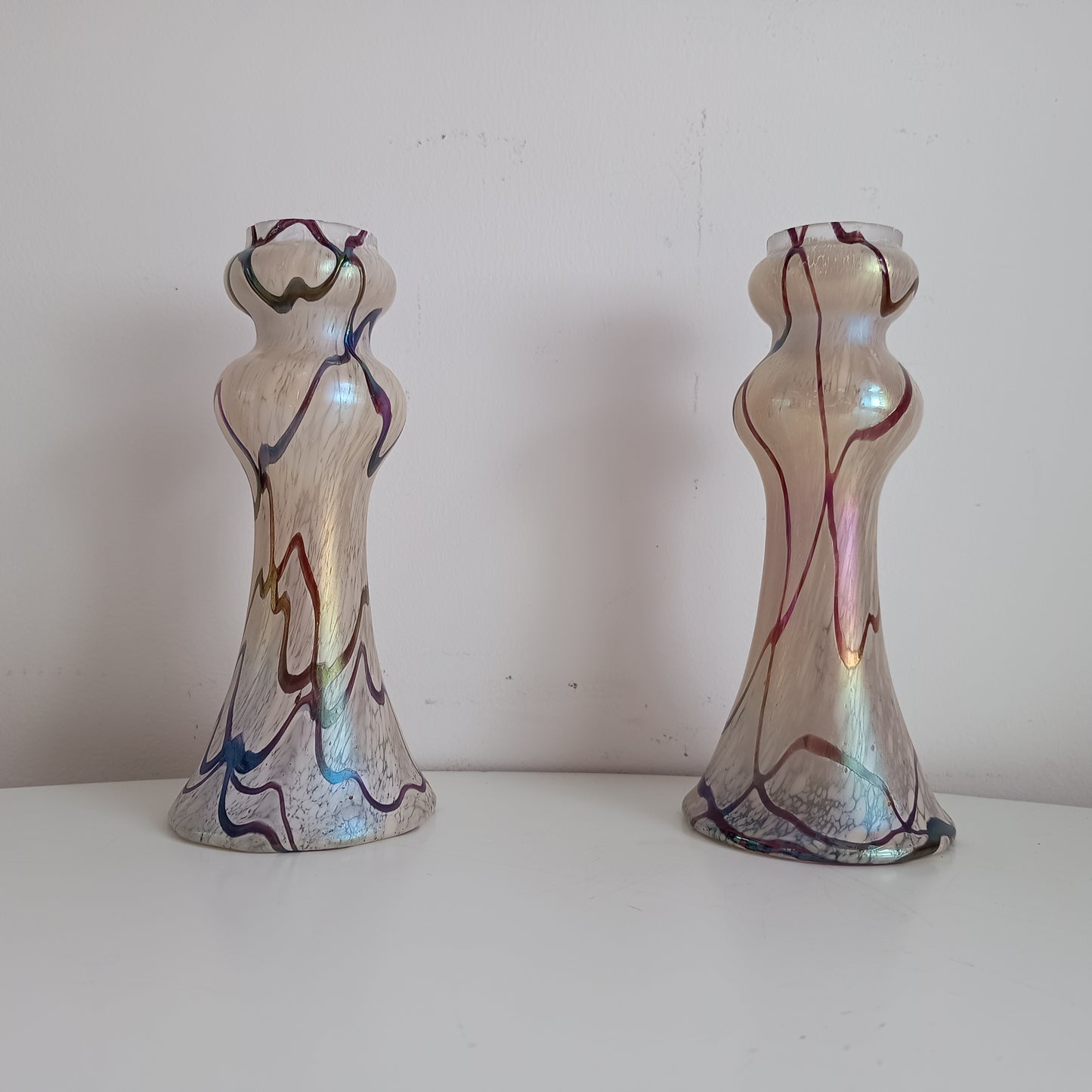 Pair of Art Nouveau Oil Spot Iridescent Lustre Vases by Rindskopf, Missing Silver Collars