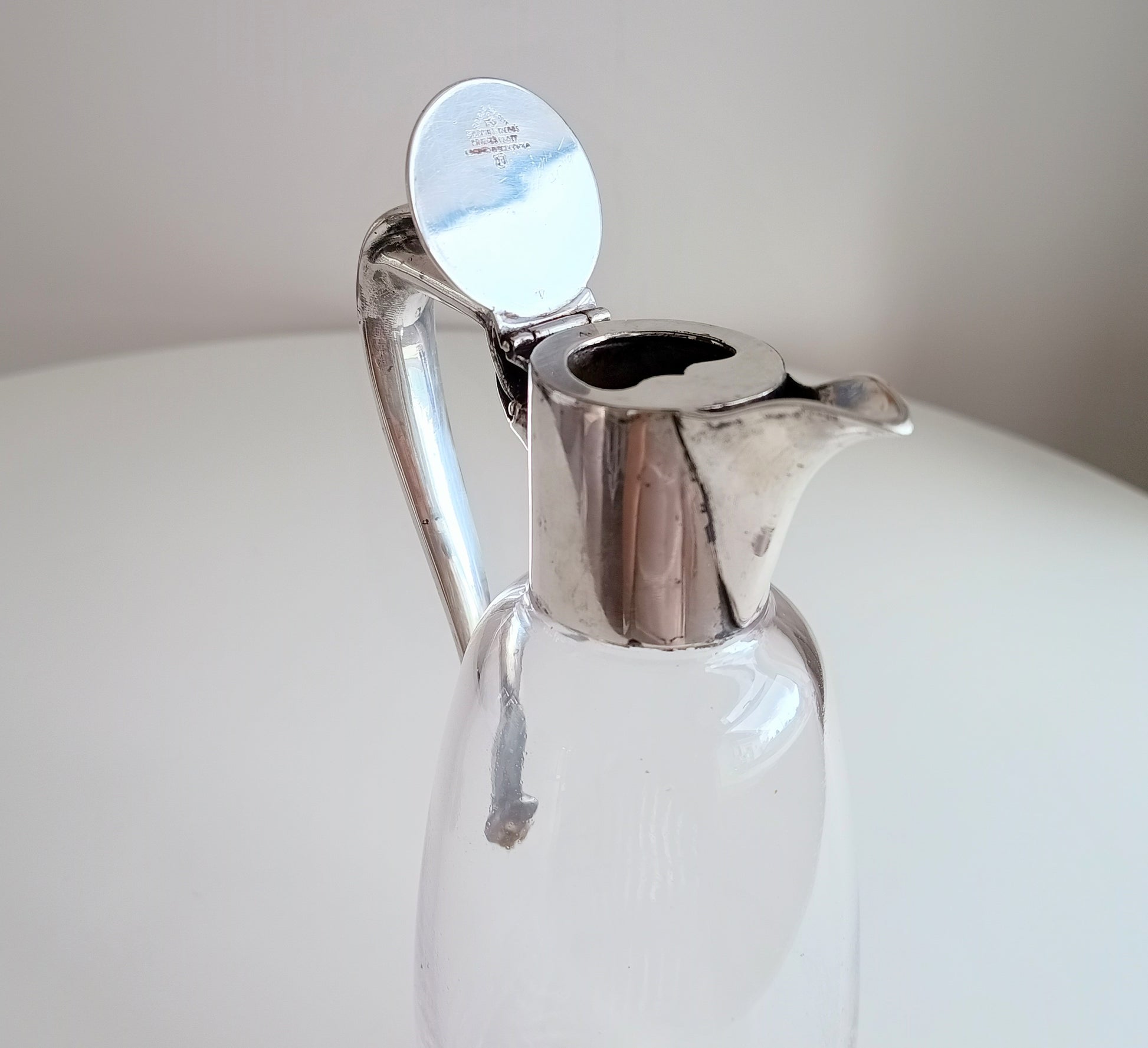 Art Nouveau Claret Jug with Star Cut Crystal Base Silver Whiplash Curve Silver Handle Monogram CW or WC