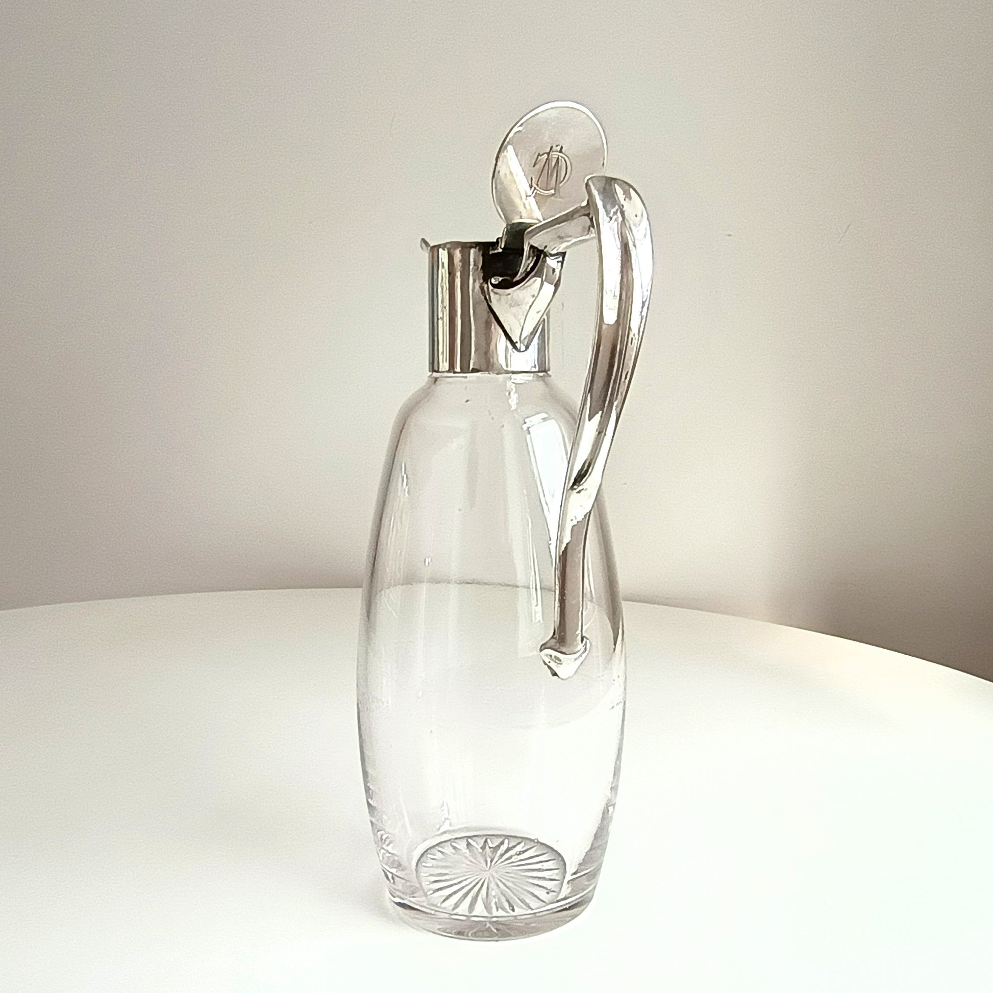 Art Nouveau Claret Jug with Star Cut Crystal Base Silver Whiplash Curve Silver Handle Monogram CW or WC