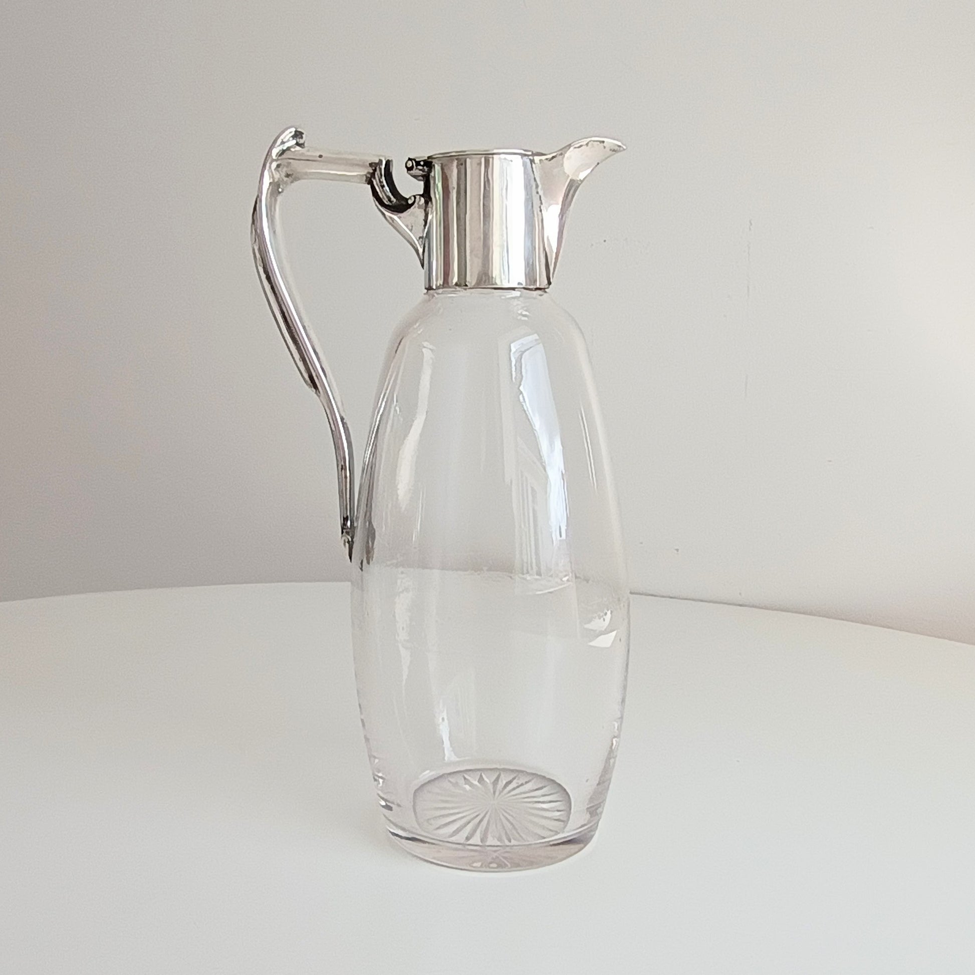 Art Nouveau Claret Jug with Star Cut Crystal Base Silver Whiplash Curve Silver Handle Monogram CW or WC