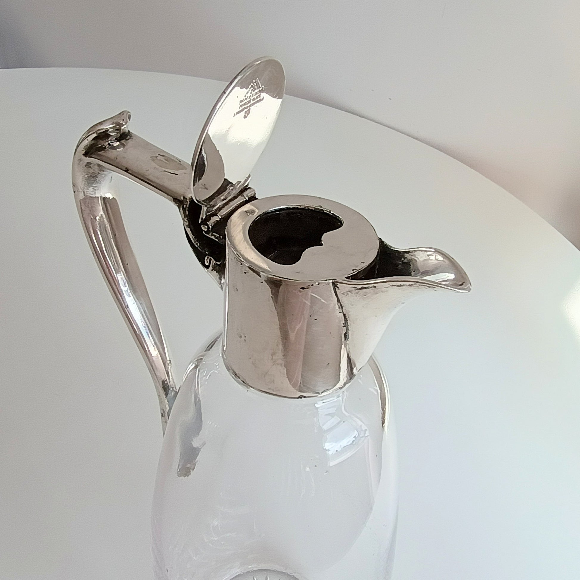 Art Nouveau Claret Jug with Star Cut Crystal Base Silver Whiplash Curve Silver Handle Monogram CW or WC by Mappin and Webb