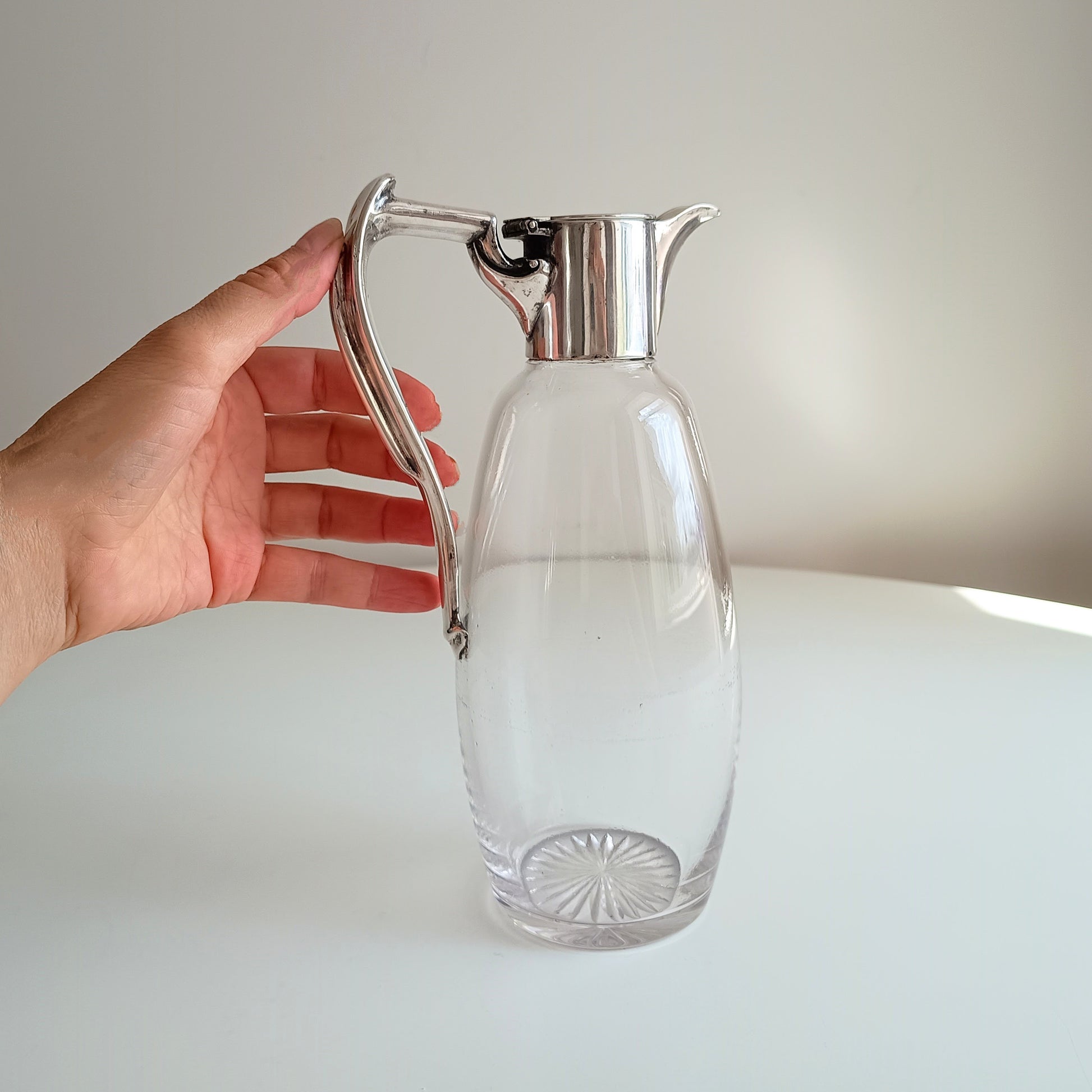 Art Nouveau Claret Jug with Star Cut Crystal Base Silver Whiplash Curve Silver Handle Monogram CW or WC by Mappin and Webb small size