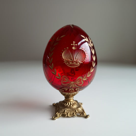 Vintage Ruby Glass Engraved Gilded Crystal Egg with Brass Mount in the style of Faberge, Desk / Shelf Styling Ornament