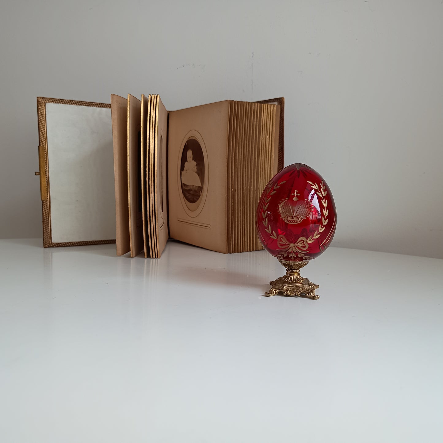 Vintage Ruby Glass Engraved Gilded Crystal Egg with Brass Mount in the style of Faberge, Desk / Shelf Styling Ornament