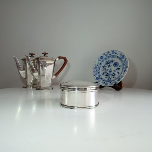 Vintage English Art deco minimalist silver plated biscuit barrel or tea caddy made in England