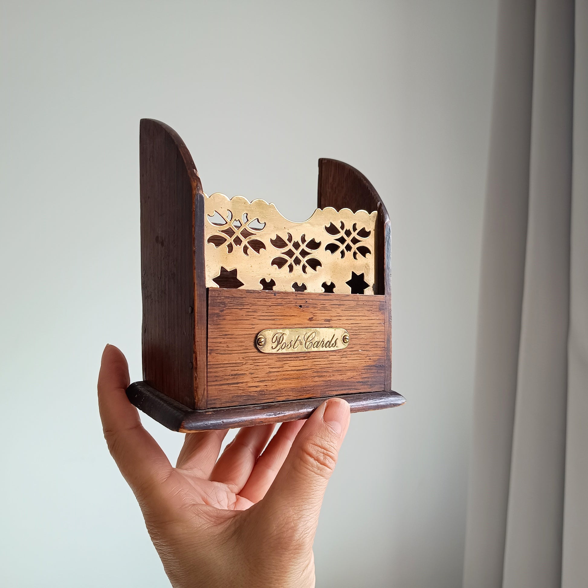 Victorian oak and brass small Tabletop letter rack desk accessories