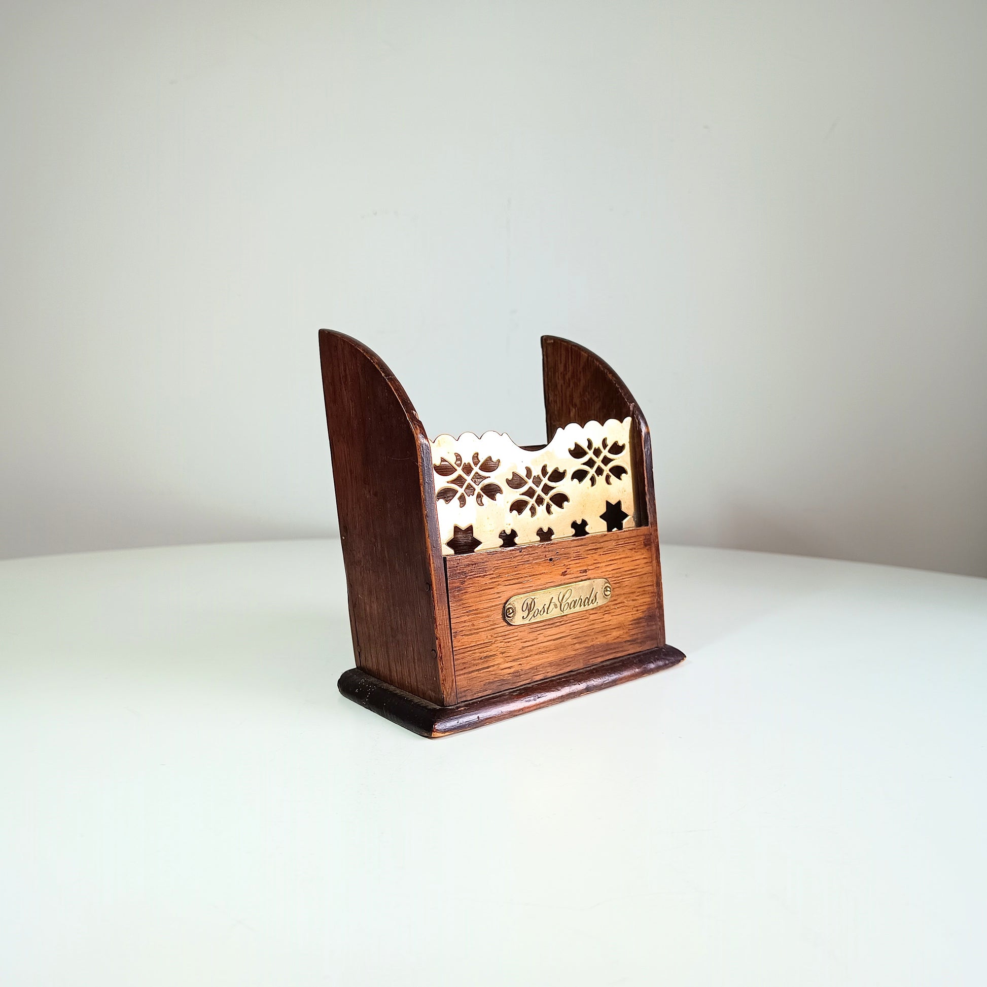 Victorian oak and brass decorative small Tabletop letter rack