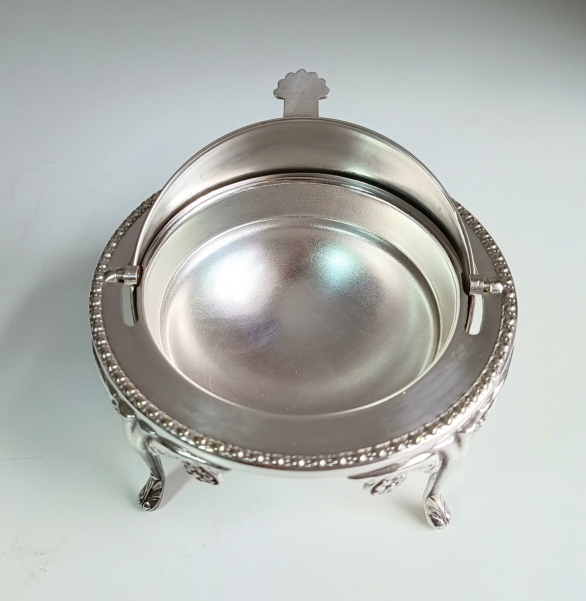 Vintage English Silver Plate Footed Domed Caviar or Butter Dish with Hand Engraved Rollover Cover Art Nouveau Style
