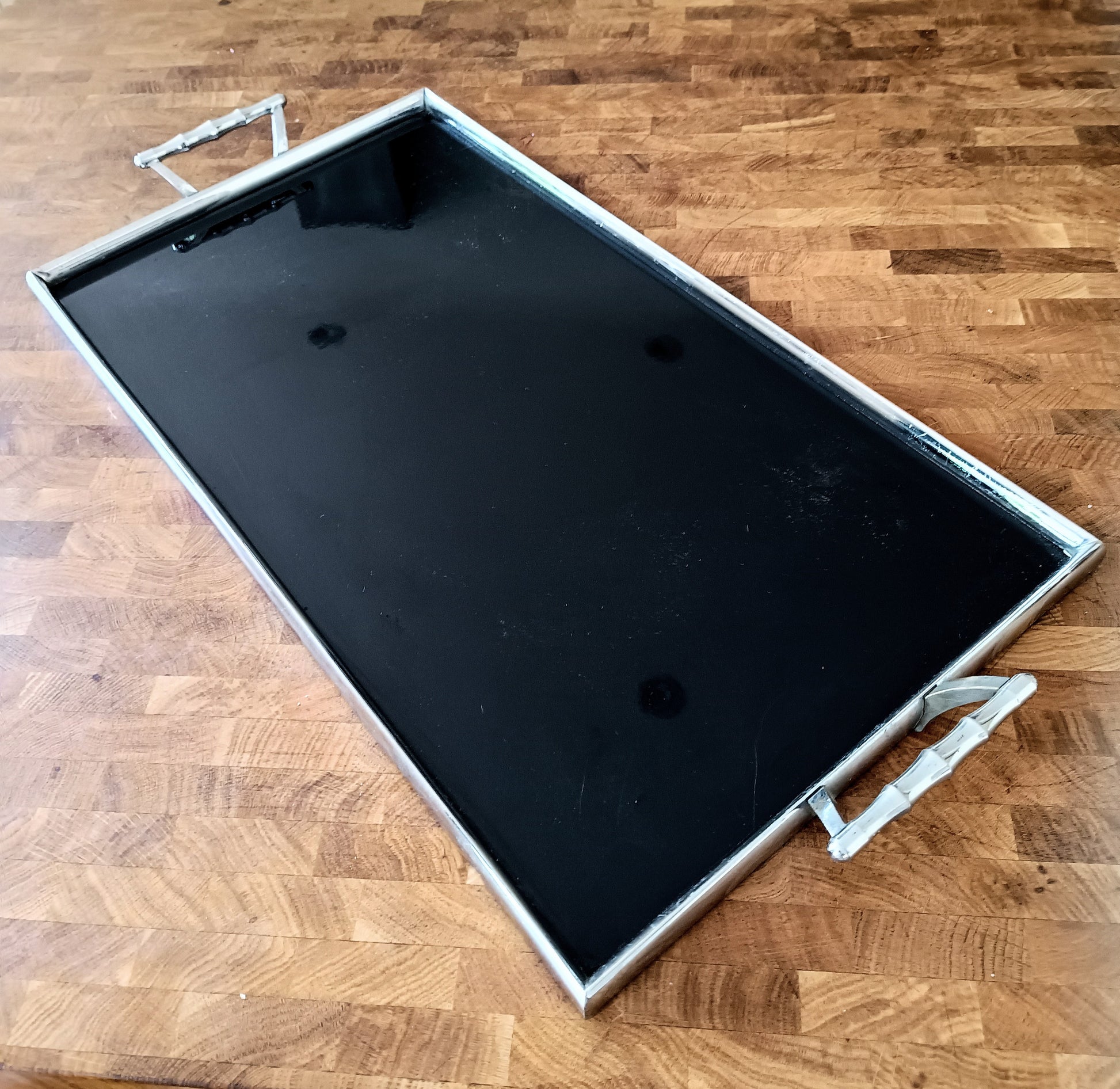 Maison Baguès – style Mid-Century Modern tray - deep black Vitrolite pressed glass with faux bamboo chromed brass handles