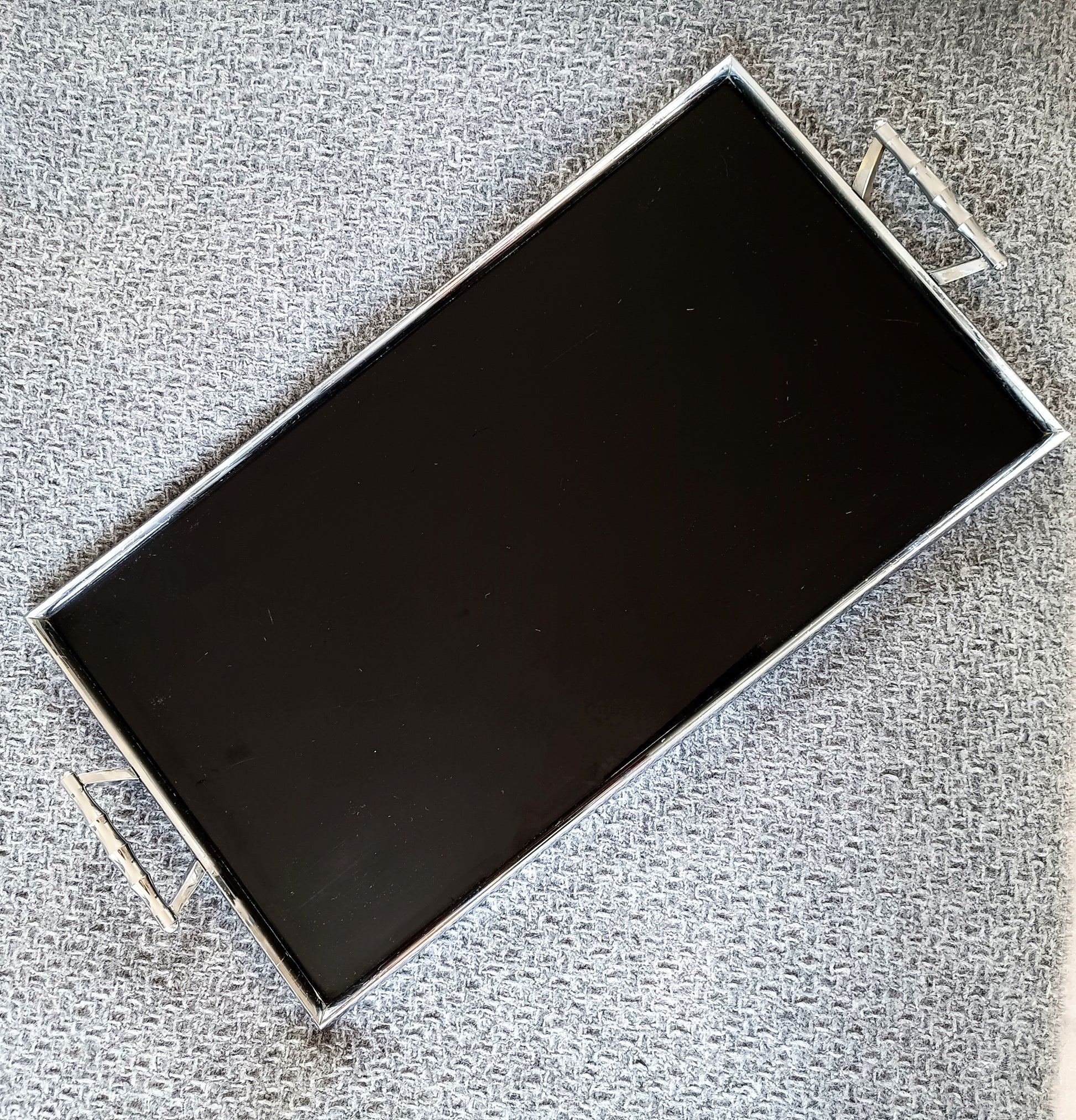 Maison Baguès – style Mid-Century Modern tray - deep black Vitrolite pressed glass with faux bamboo chromed brass handles